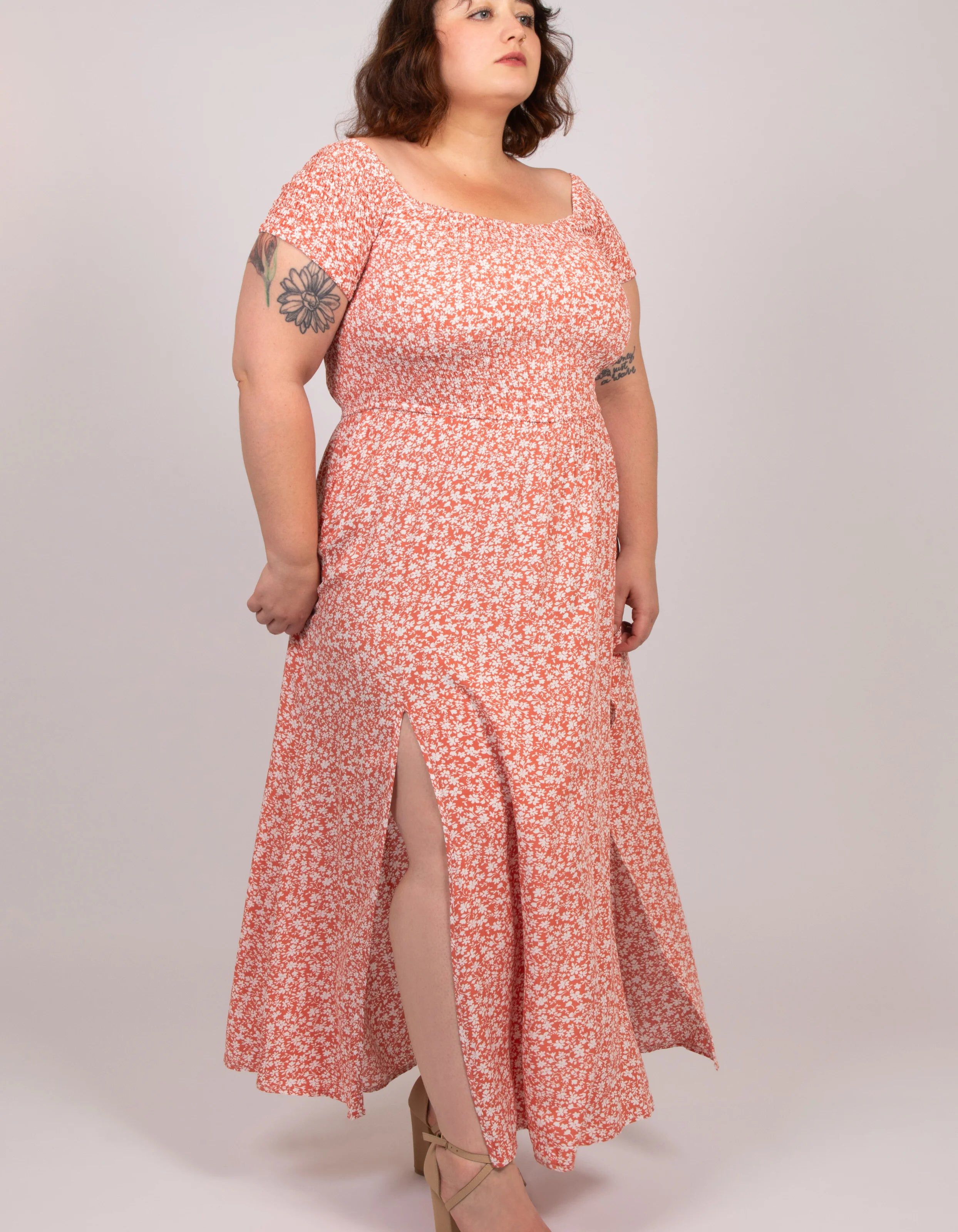 Daphne Midi Dress On-Off Shoulders Side Slit Floral, , alternate image number 7