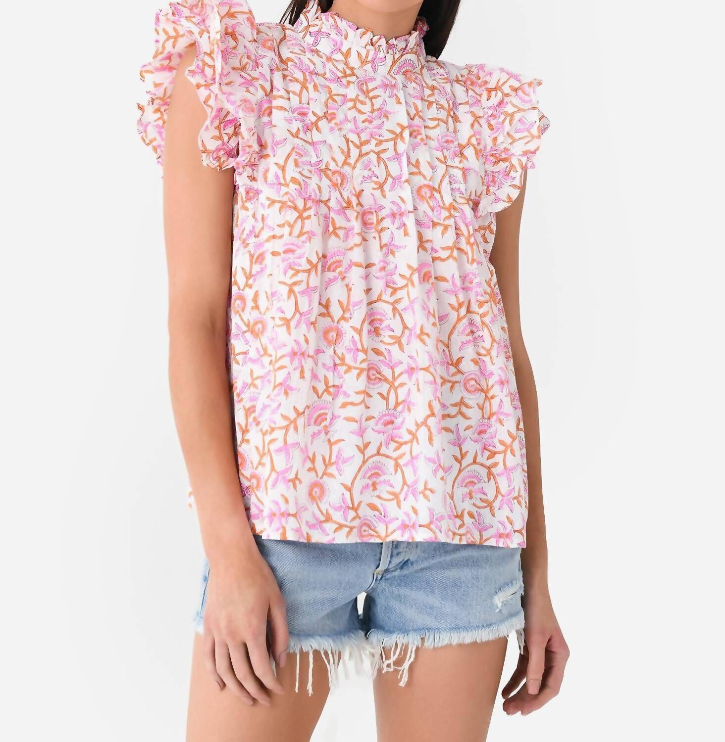 Ruffle Trim Striped Button Down Top in Sweet Pink