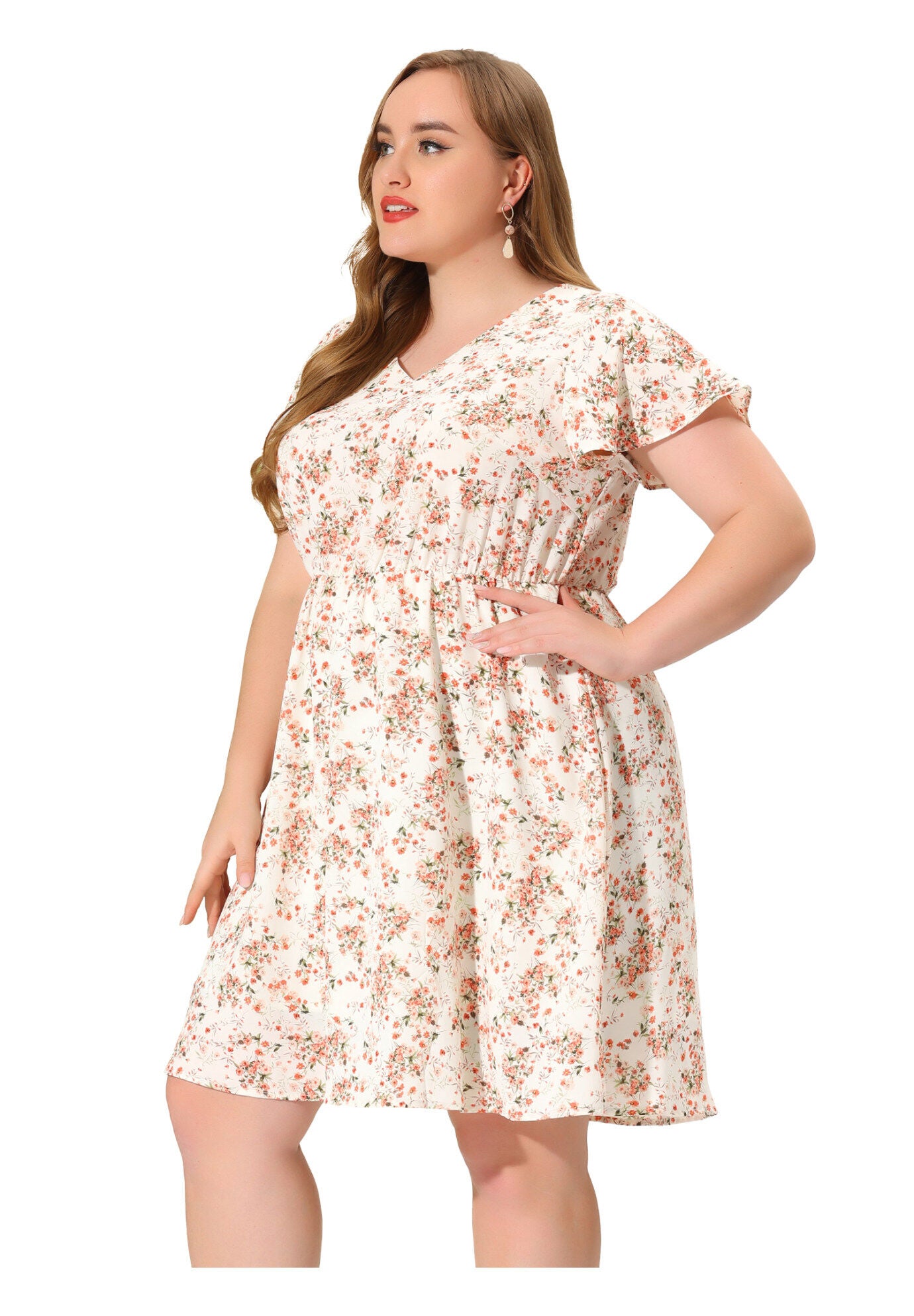 Summer V Neck Flare Sleeve Peplum Midi Ruffle Dress, Beige / Beige, hi-res image number 0