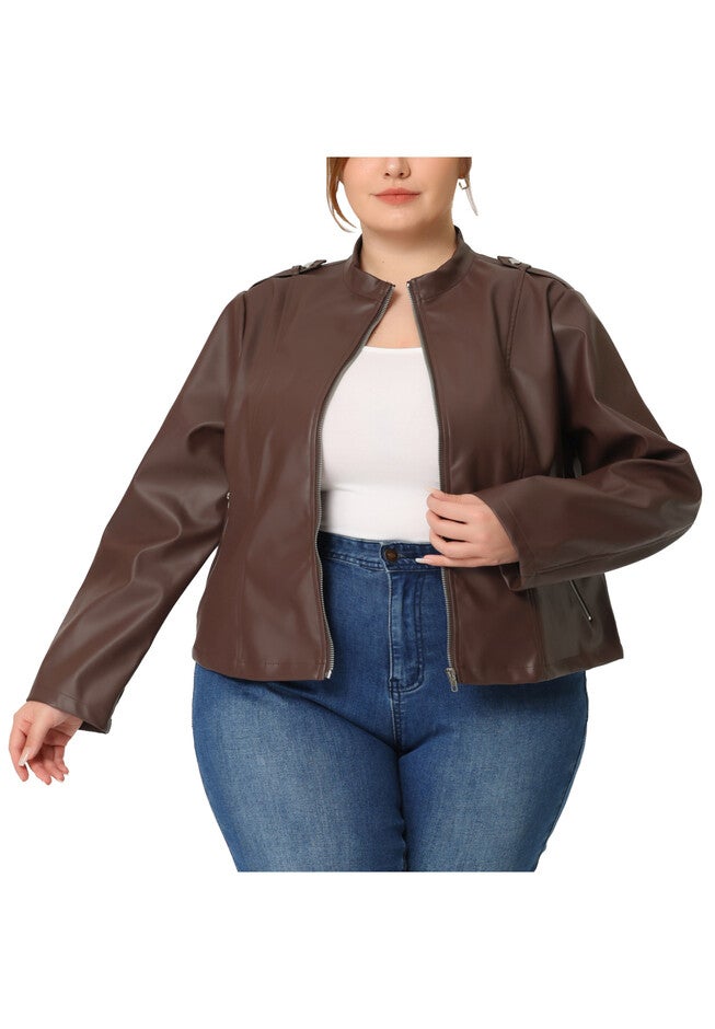 FAUX LEATHER MOTO BIKER ZIP UP JACKET, Brown / Brown, alternate image number 2