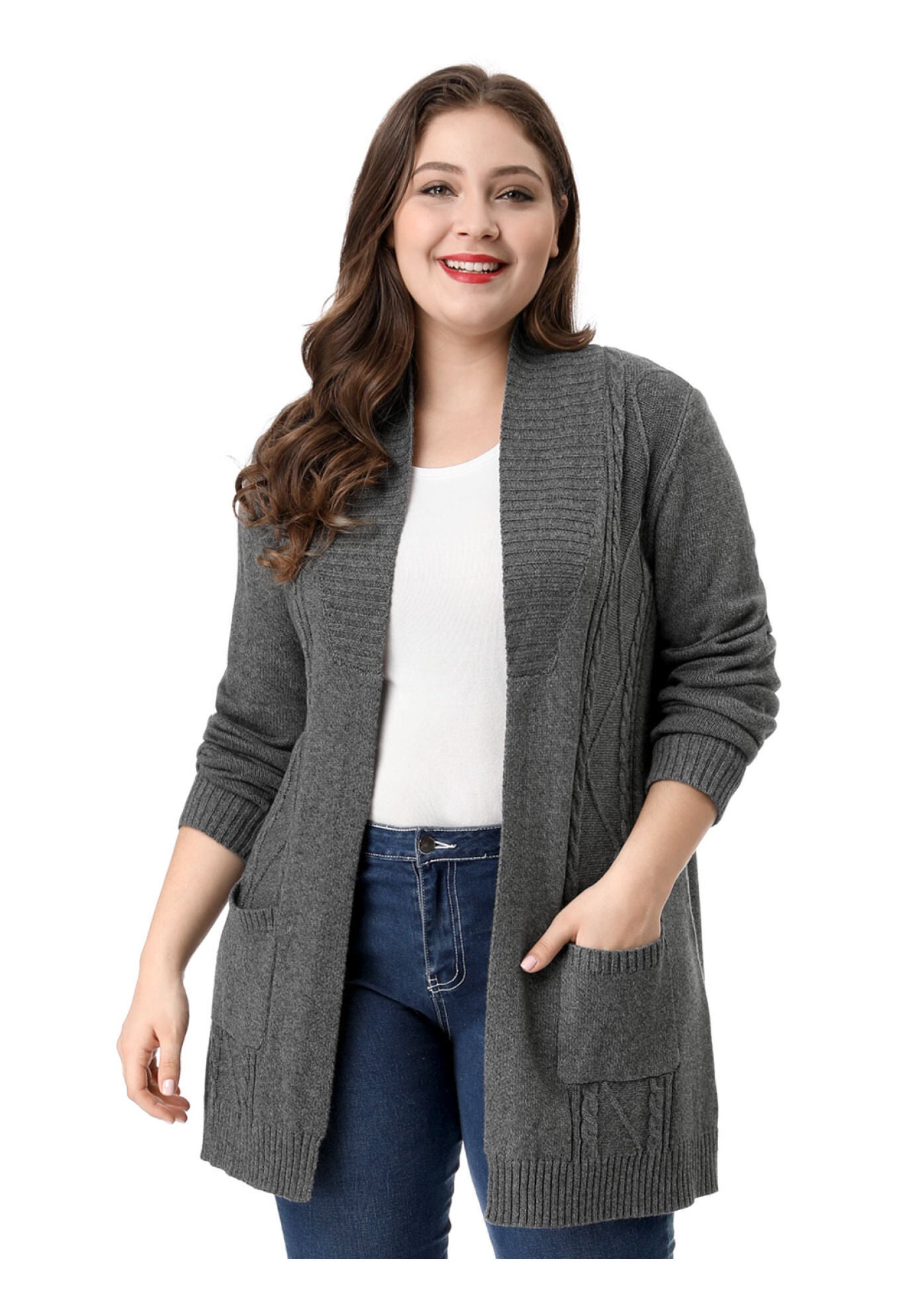 SHAWL COLLAR OPEN FRONT SWEATER CARDIGAN, Grey / Charcoal Grey, alternate image number 1