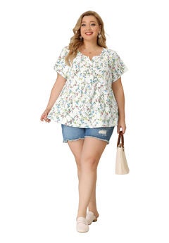 Summer Top Floral Half Placket Short Sleeve Casual Blouse