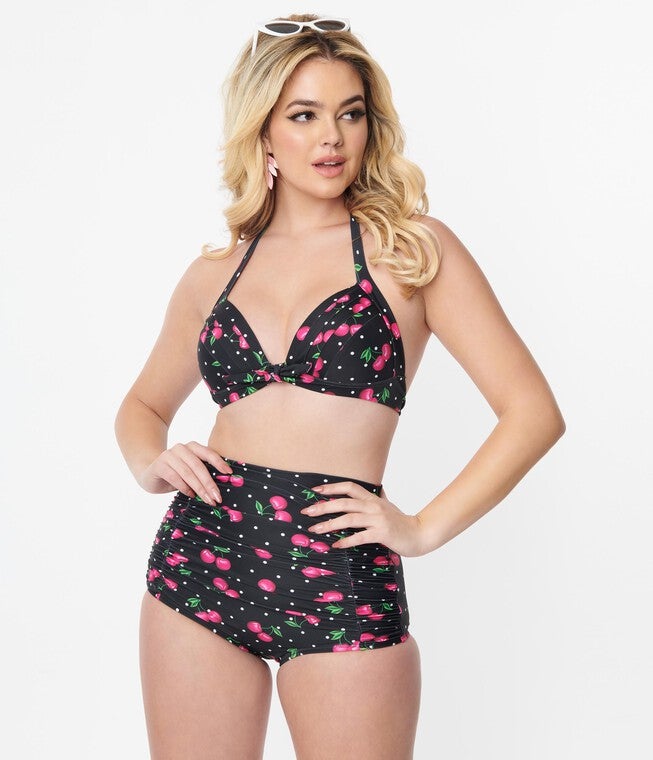 Unique Vintage Black & Hot Pink Cherry Pin Dot Monroe Swim Top, Black Hot Pink Cherry Pin Dot / Black, alternate image number null