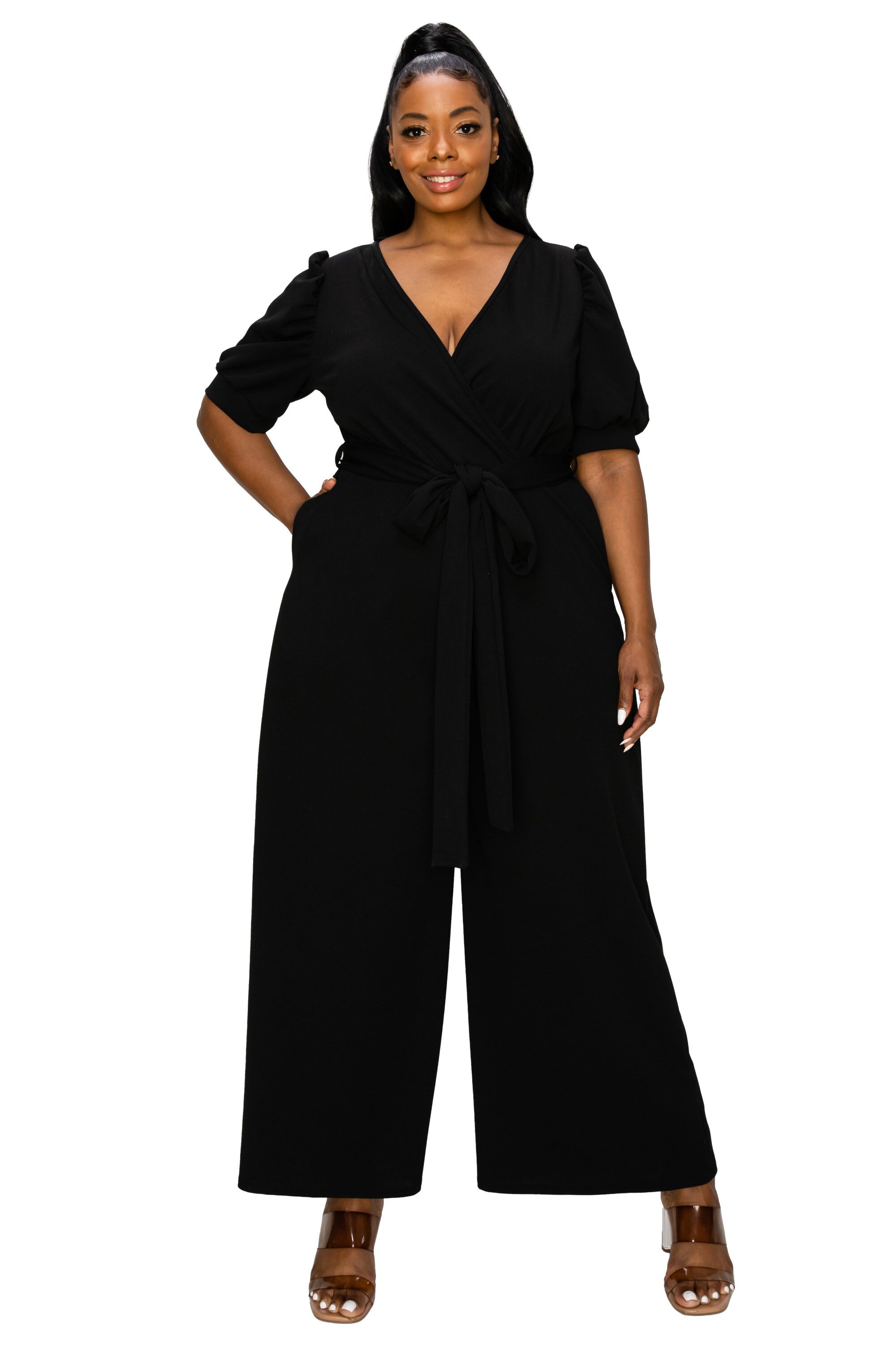 IRIS SURPLICE BELTED POCKET JUMPSUIT, Black / Black, hi-res image number 0