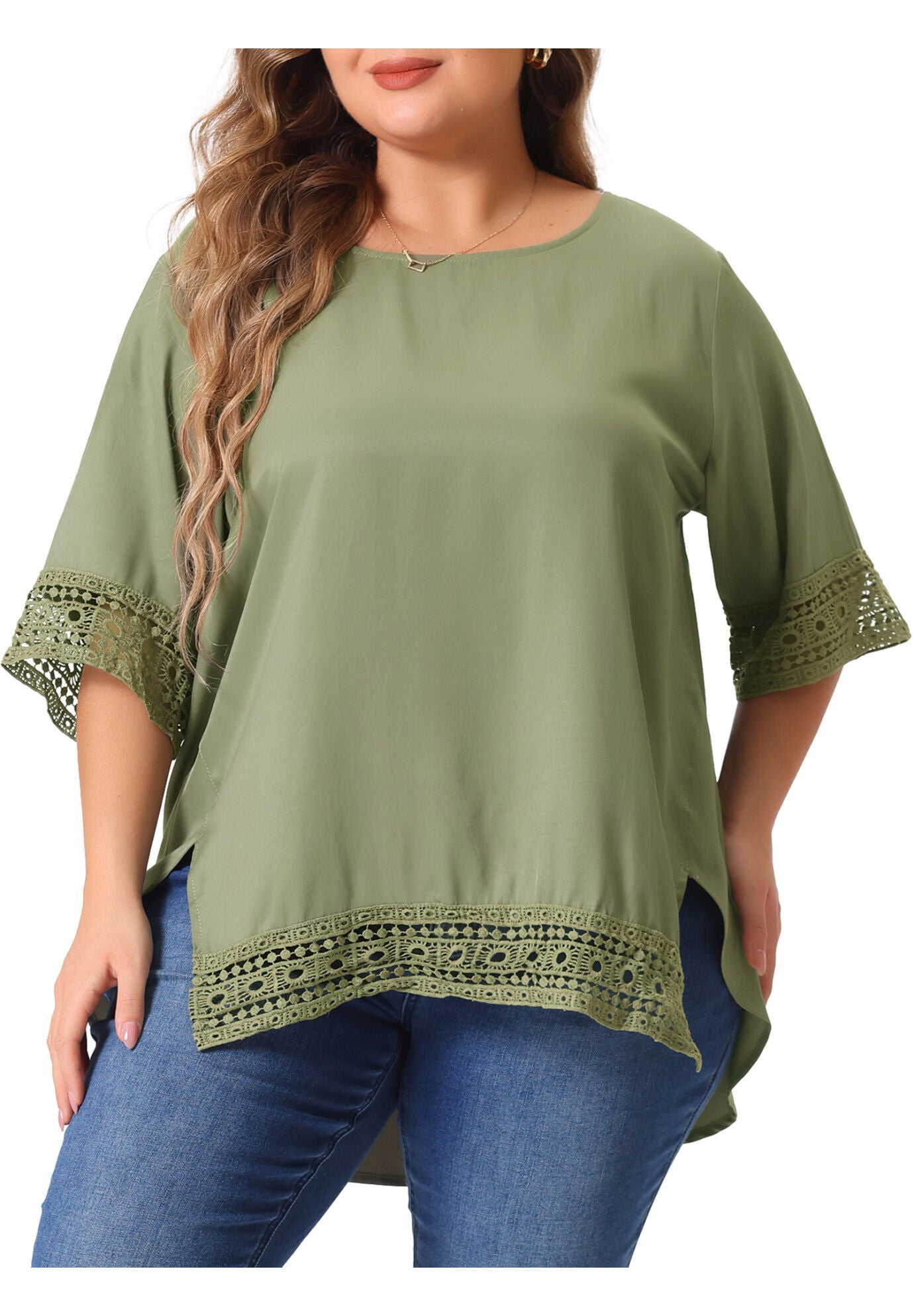 Crewneck Lace Crochet Short Sleeve Casual Loose Top, Army Green / Olive Green, alternate image number 2