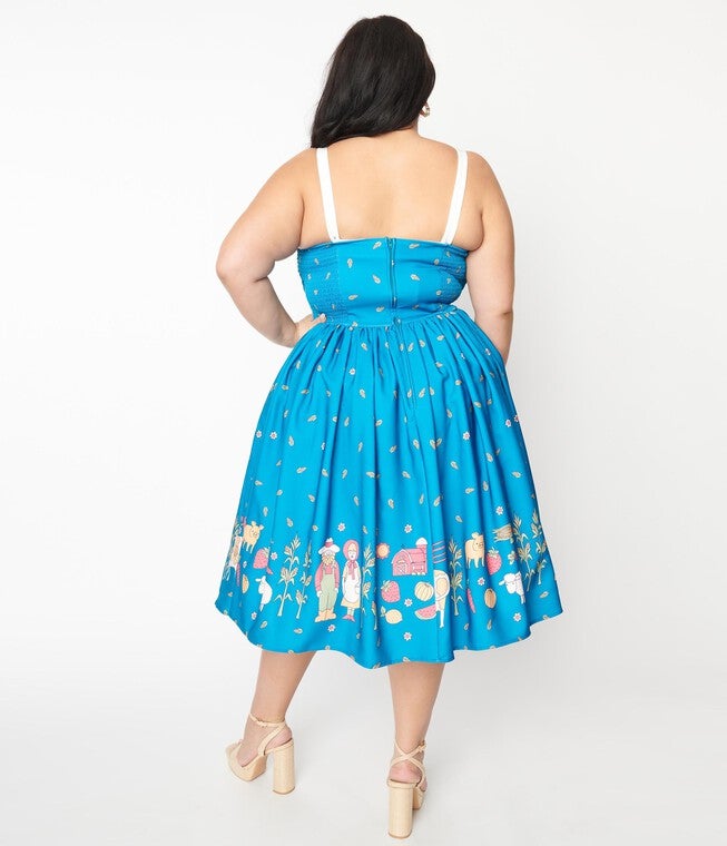 Unique Vintage Blue & White Farm Border Golightly Swing Dress, Blue / Azure Blue, alternate image number 3