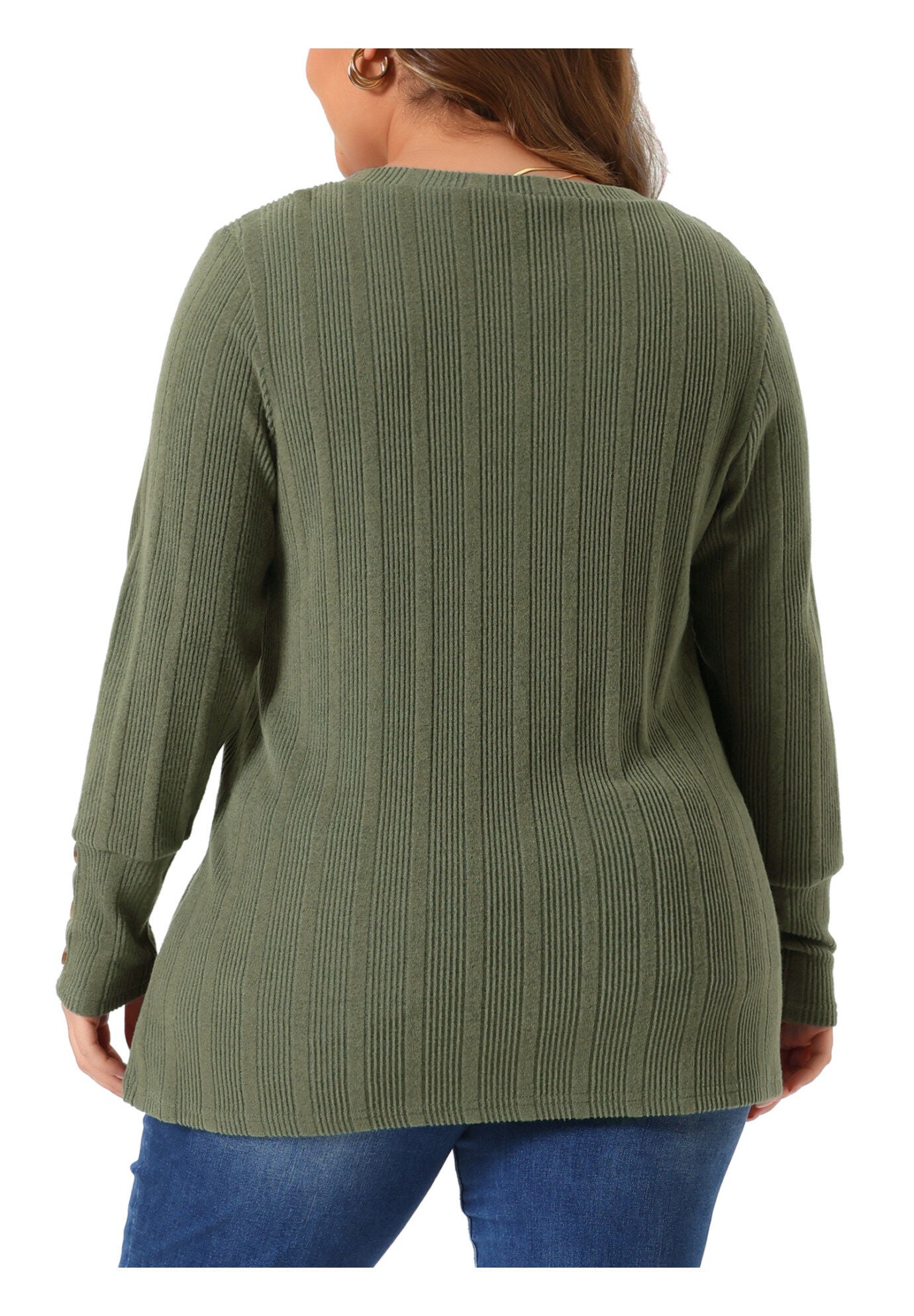 V Neck Button Stretchy Pullover Sweater Knit Top, Army Green / Olive Green, alternate image number 2