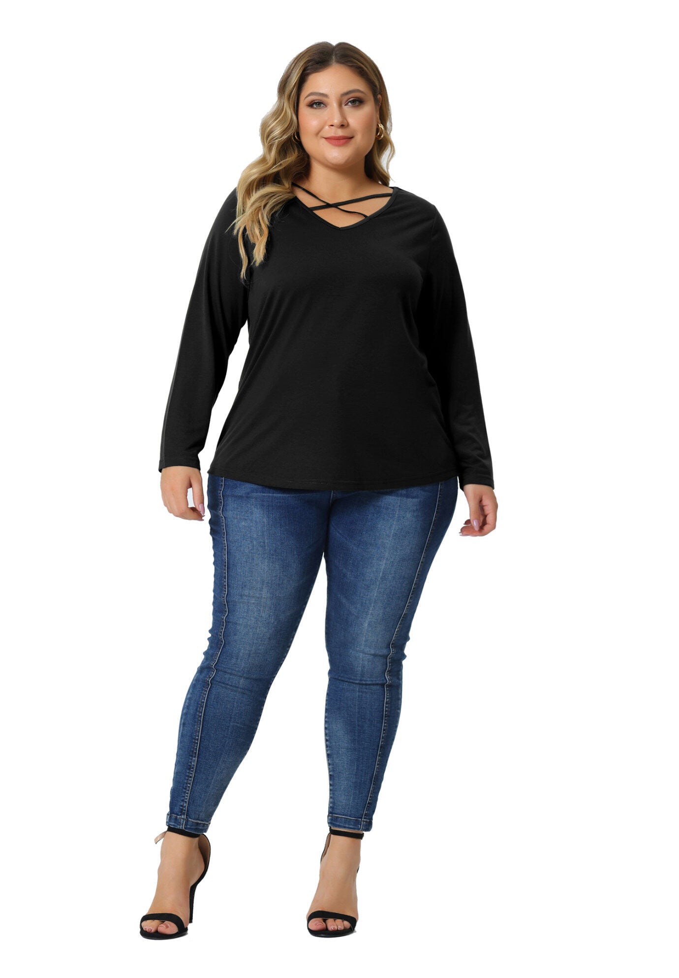CROSS V NECK LONG SLEEVES T-SHIRT TOP, Black / Black, hi-res image number 0