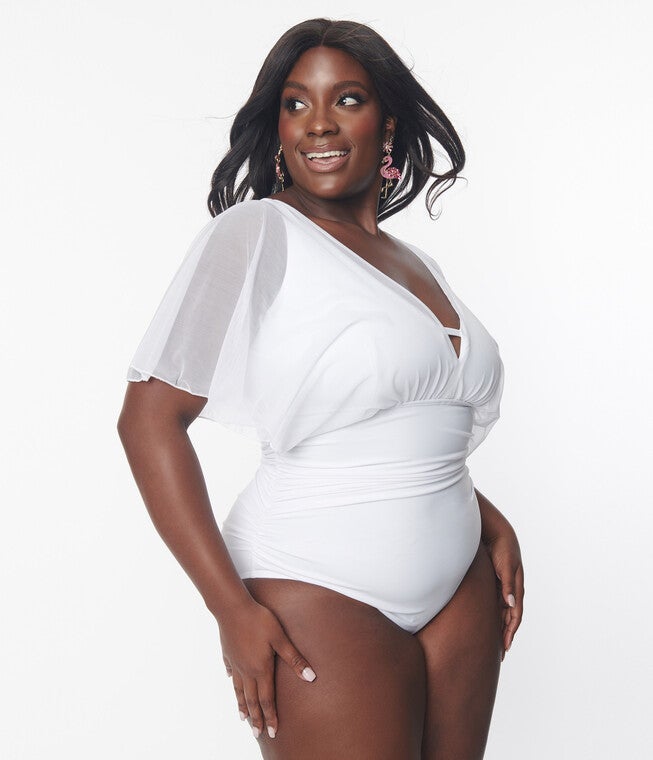 White Mesh Sleeved Torrey Swimsuit, White / White, alternate image number 1