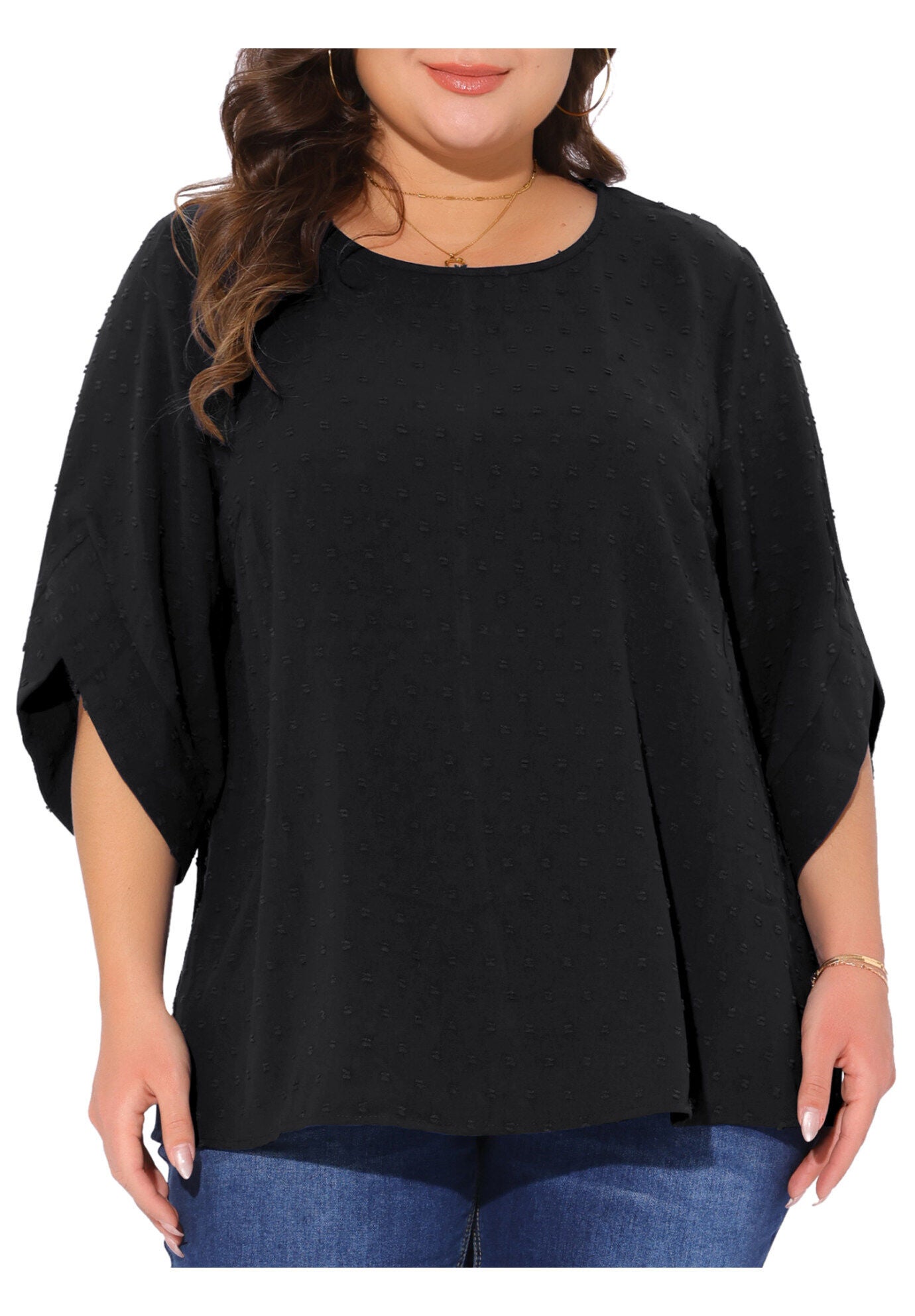 Round Neck Petal Sleeve Swiss Dots Blouse Top, Black / Black, alternate image number 2