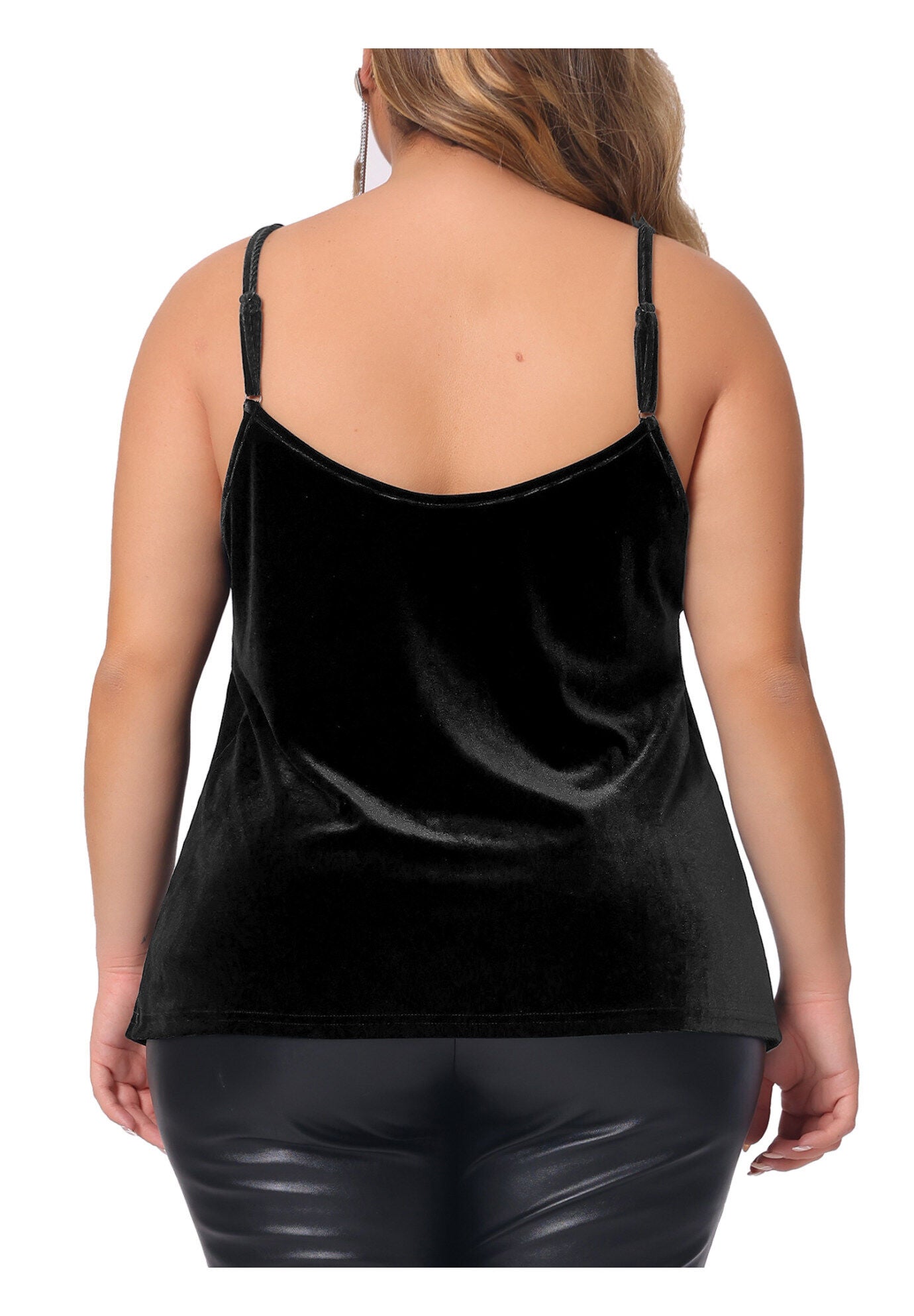 Criss Cross V Neck Spaghetti Strap Cami Velvet Tank Top, Black / Black, alternate image number 3