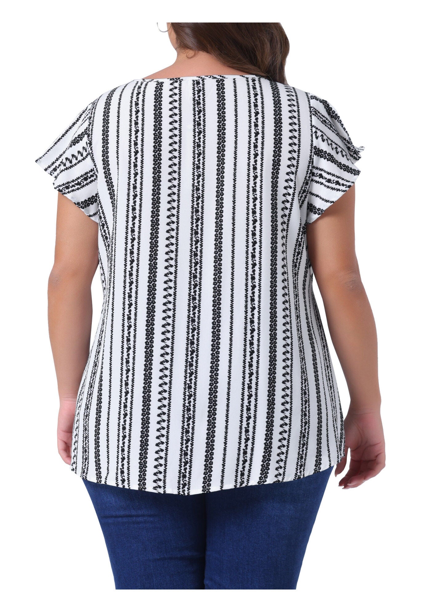 Boho Floral Printed Round Neck Ruffle Sleeve Blouse, White / White, alternate image number 3