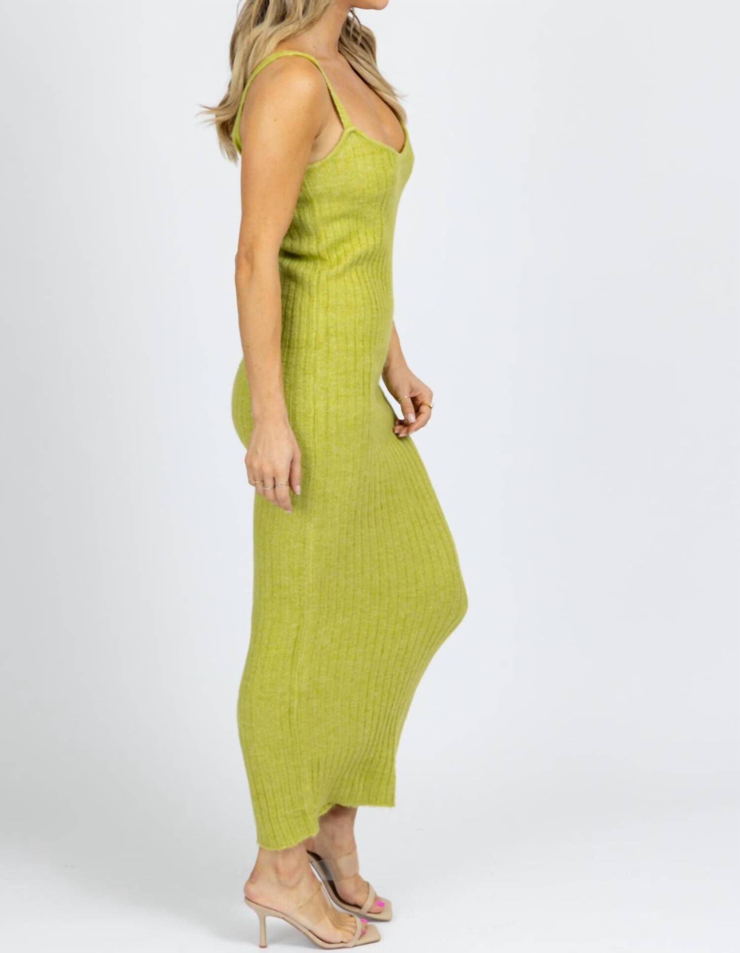 BRIGHT RIBBED SWEATER MIDI DRESS IN GREEN, Green / Light Green, alternate image number 2