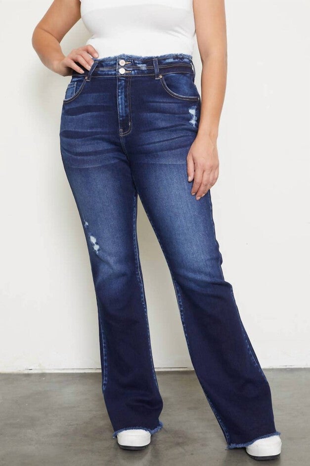HIGH RISE DOUBLE WB DETAIL FRAY HEM FLARE JEAN IN DARK WASH, Dark Wash / Destructed Dark Wash, hi-res image number null