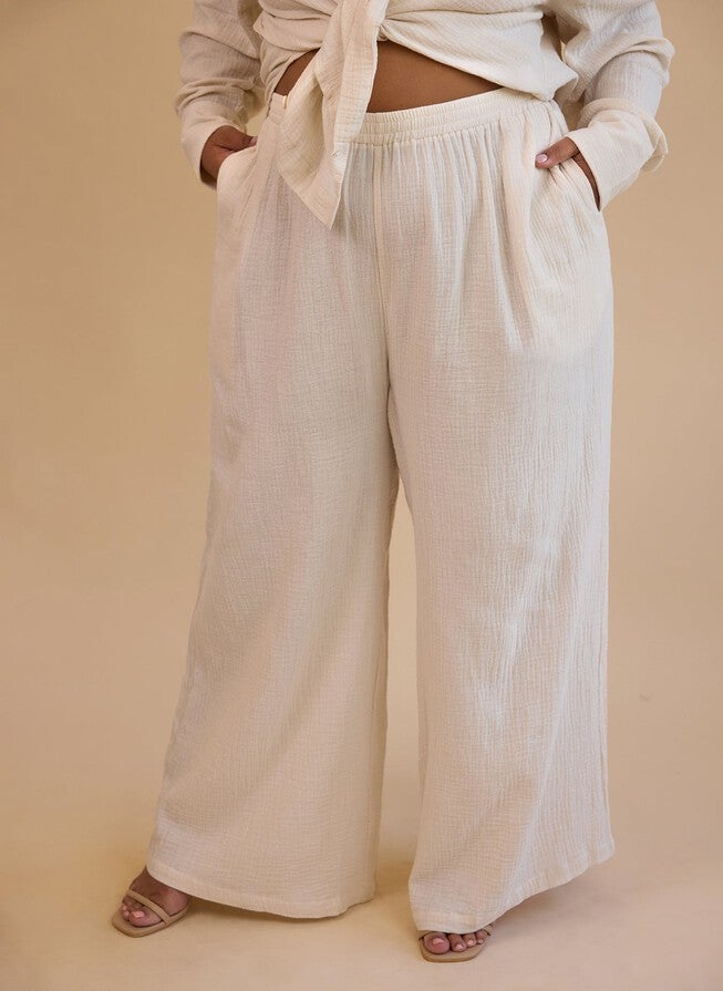 LYLA GAUZE COTTON WIDE LEG PANTS WITH POCKETS, White / White, alternate image number null