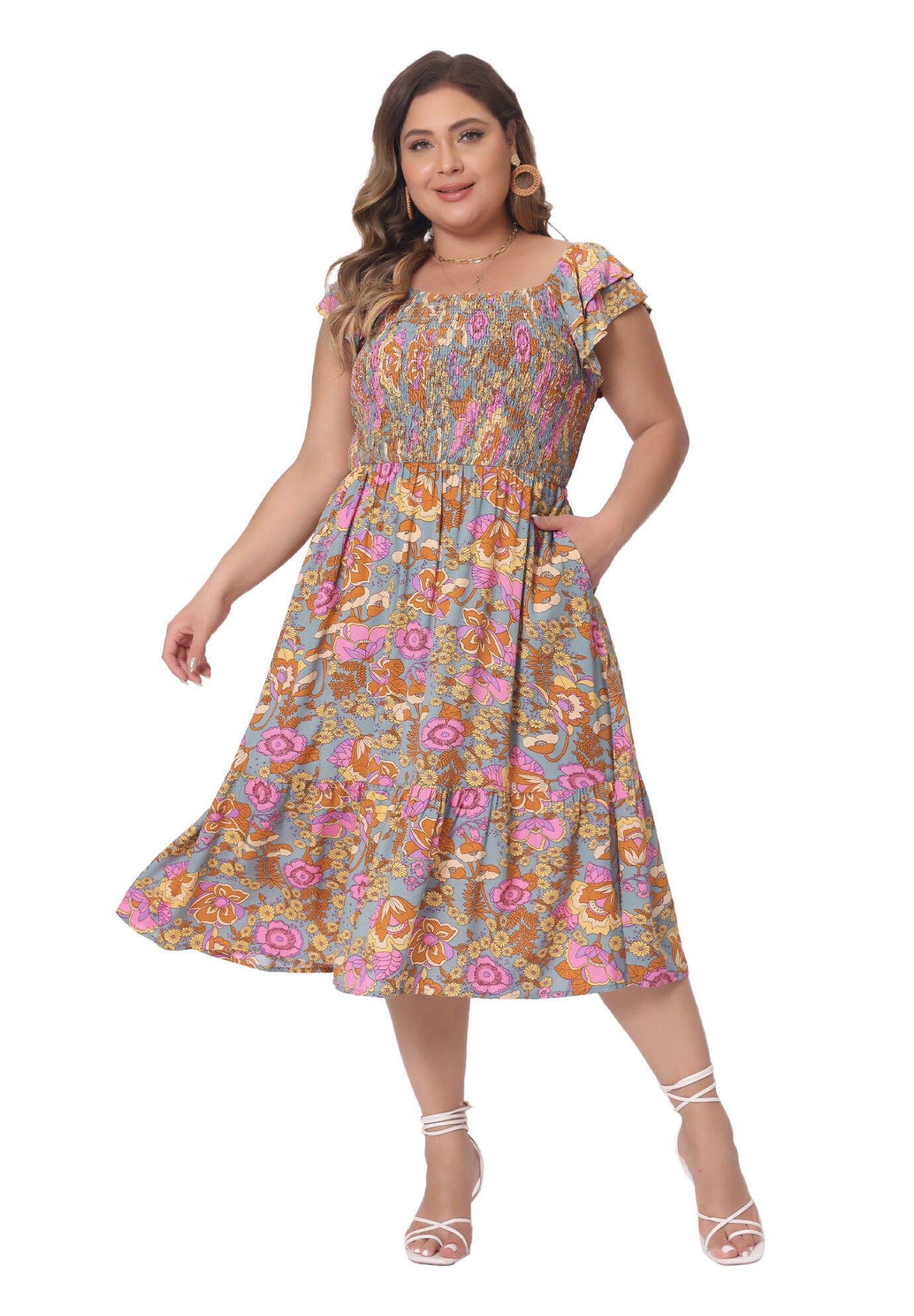 Square Neck Flutter Sleeve Smocked High Waist Flowy Summer Midi Dress, Grey Green / Dusty Blue, hi-res image number 0