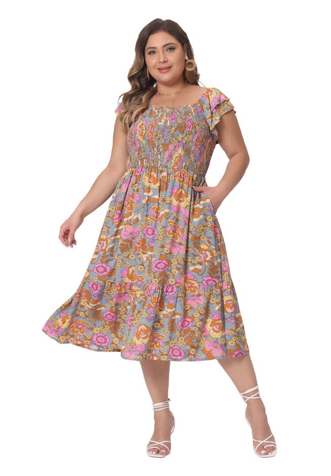 Square Neck Flutter Sleeve Smocked High Waist Flowy Summer Midi Dress, Grey Green / Dusty Blue, hi-res image number 0