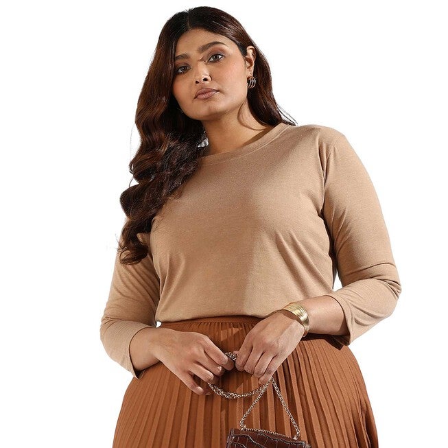 Women Solid Quarter Sleeve Round neck Top, Brown / Brown, hi-res image number 0