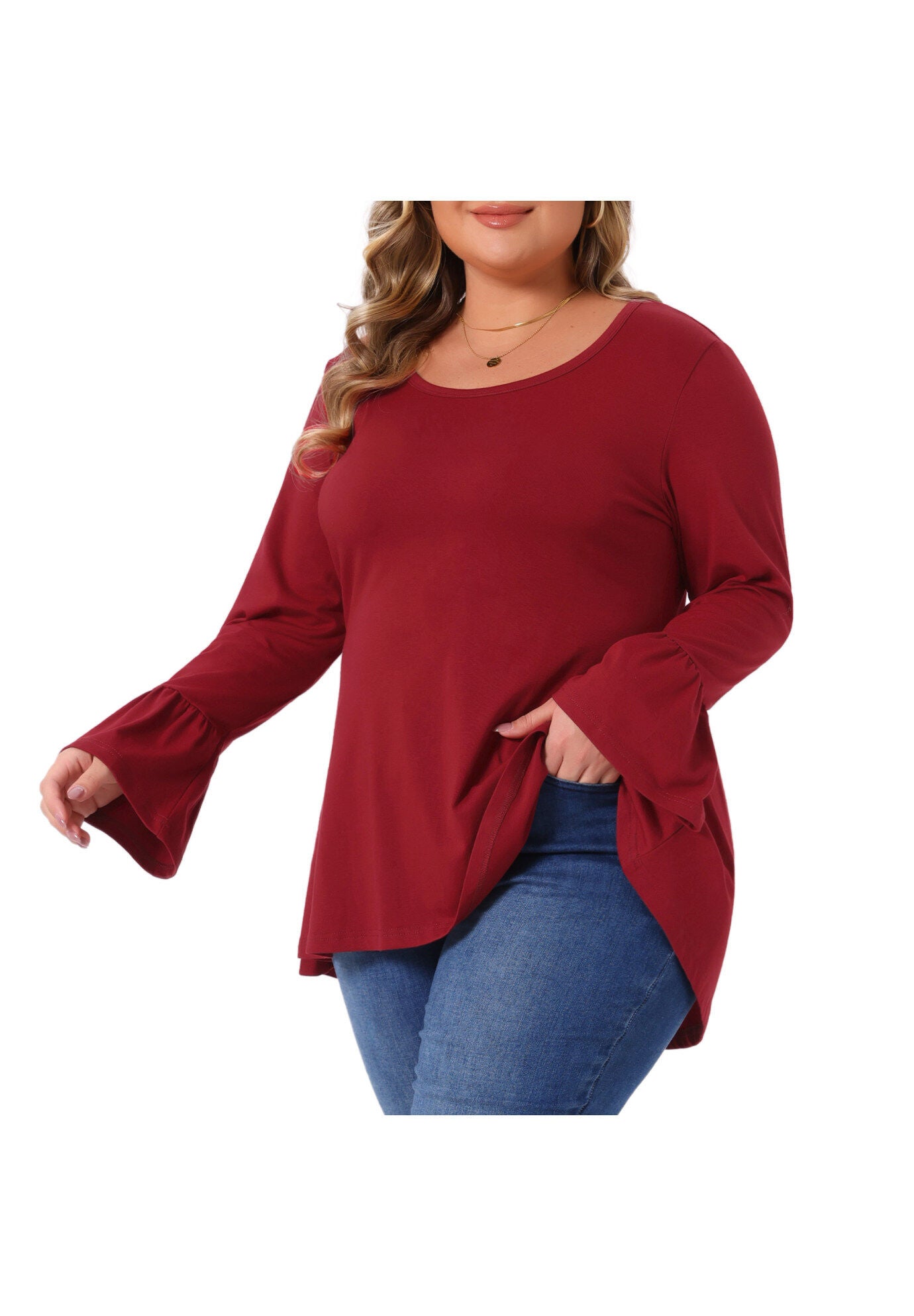 Crew Neck Bell Sleeve High Low Hem Blouses, Burgundy / Burgundy, alternate image number 1