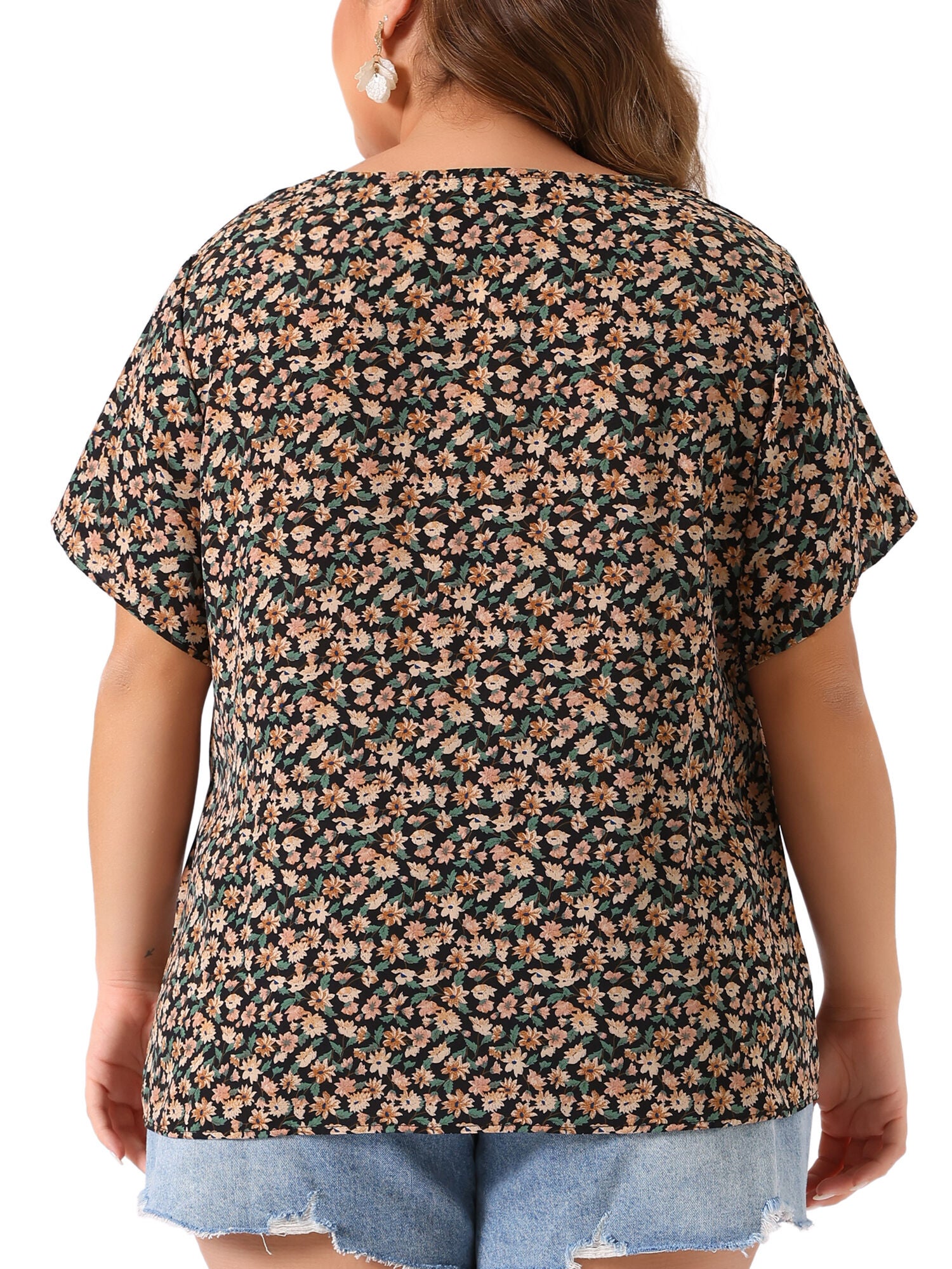 V Neck Button Short Sleeve Floral Blouse, Black / Black, alternate image number 3