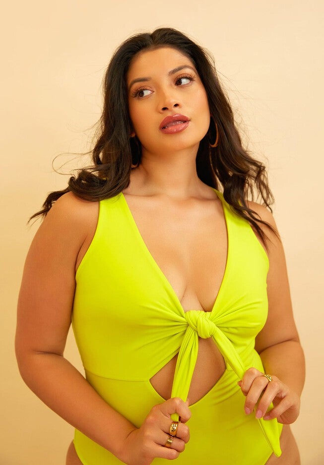 Happy Hour Tie Front Keyhole Swimsuit, Neon Yellow / Yellow, alternate image number 2