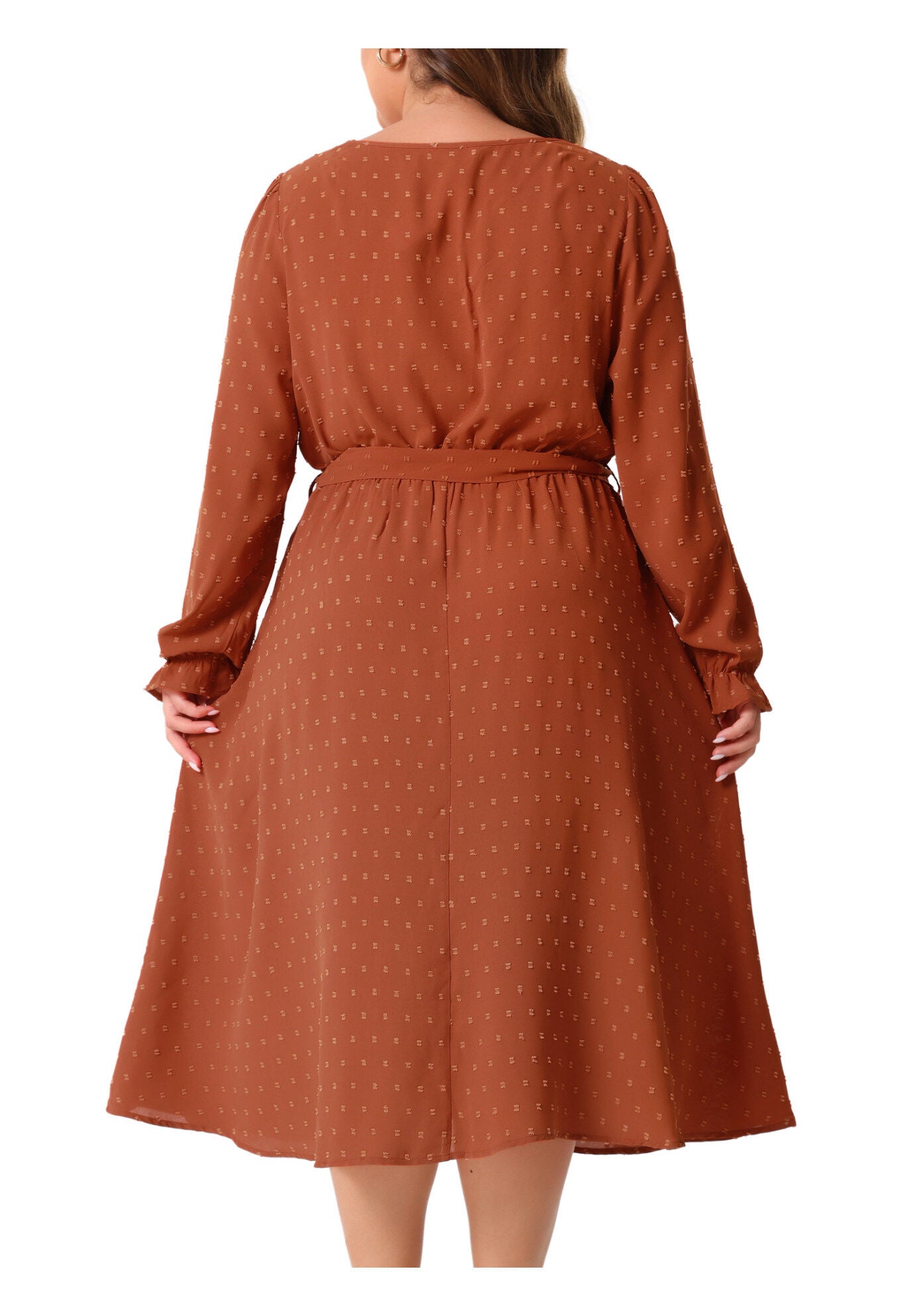 Swiss Dot V Neck Tie Belt A Line Flowy Midi Dresses with Pockets, Orange / Orange, alternate image number 3