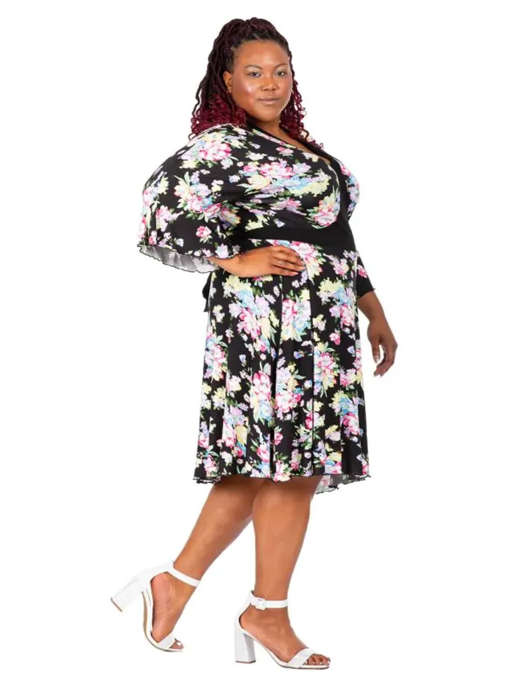 Vienna Women&#39;s Plus Size Spring Floral Print Bell Sleeves V Neck Casual Flowy Mini Dress, Black Floral / Black, alternate image number 2