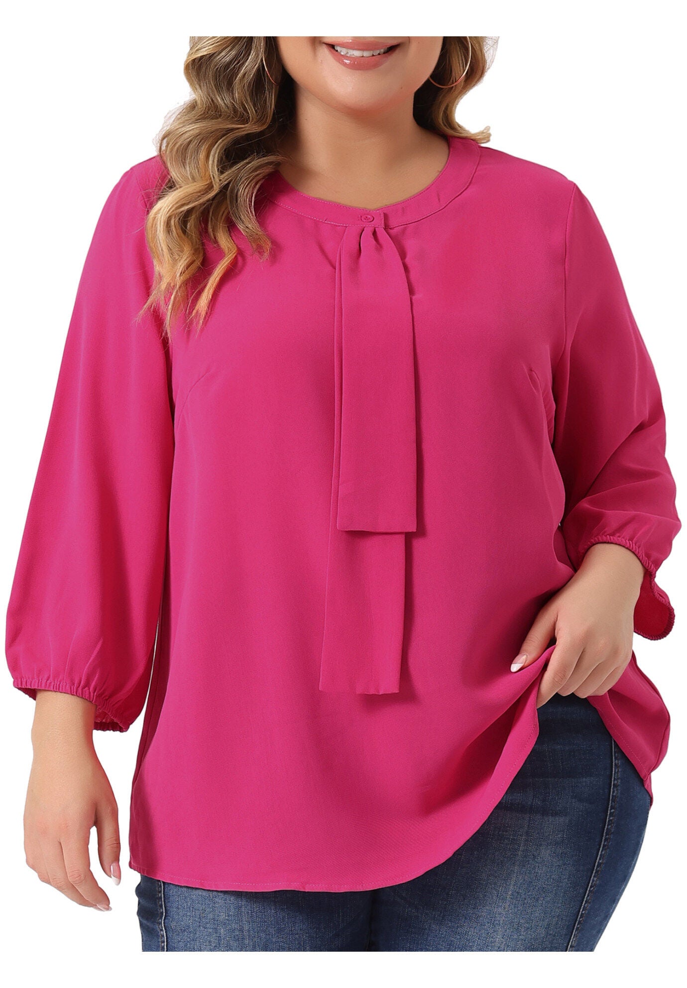 3/4 Sleeve Work Office Tie Front Ruffle Chiffon Blouse Top, Hot Pink / Deep Fuchsia, alternate image number 2