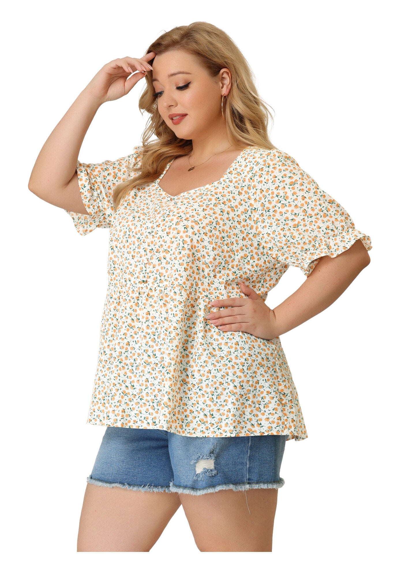 Sweetheart Neck Floral Peplum Top, White / White, alternate image number 3