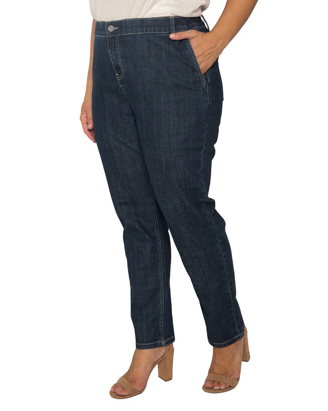 Plus Size Dina Elastic Waist High Rise Slim Straight Denim Jeans, Medium Blue / Dark Wash, alternate image number 4