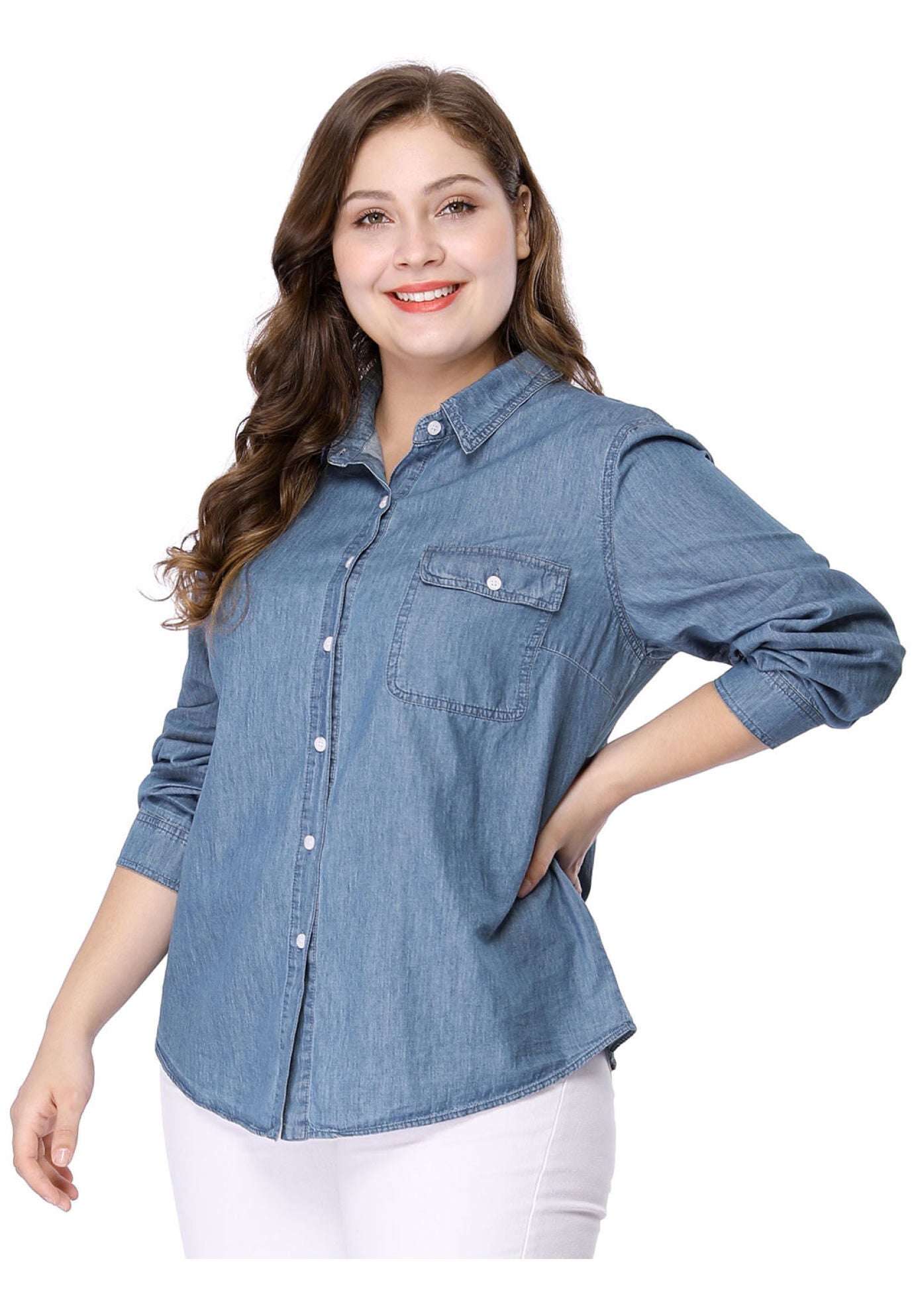 Button Down Long Sleeve Chest Pocket Chambray Shirt, Blue / Chambray Denim Medium, alternate image number 2
