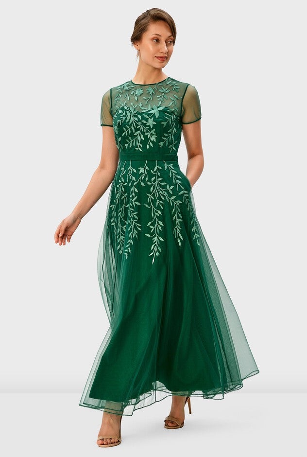 Leafy vine embroidery sheer mesh dress, Green / Forest Green, alternate image number null