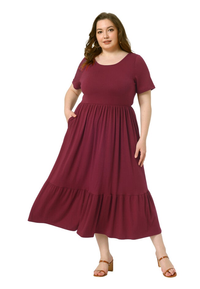 Short Sleeve Crew Neck Swing Flowy Summer Maxi Dress, Burgundy / Burgundy, hi-res image number 0