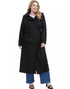 Double -Breasted Hooded Wool Blend Long Coat