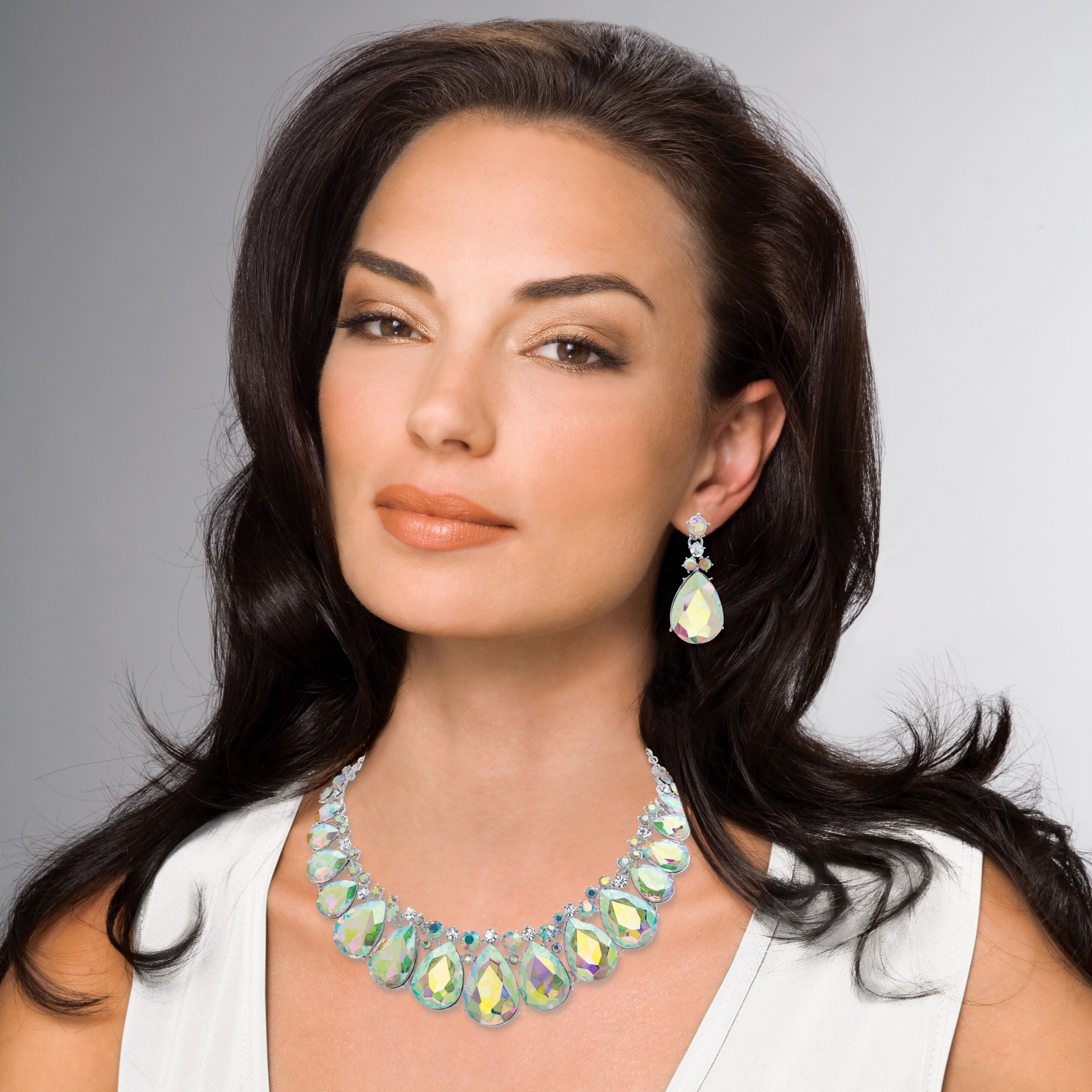Pear-Cut Aurora Borealis Crystal Silvertone Earrings and Necklace Set 16 inches-18.5 inches, , alternate image number 5