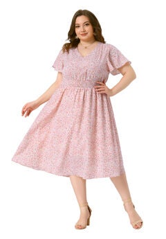 Summer Floral Print V Neck Smocked A-Line Flowy Midi Dress
