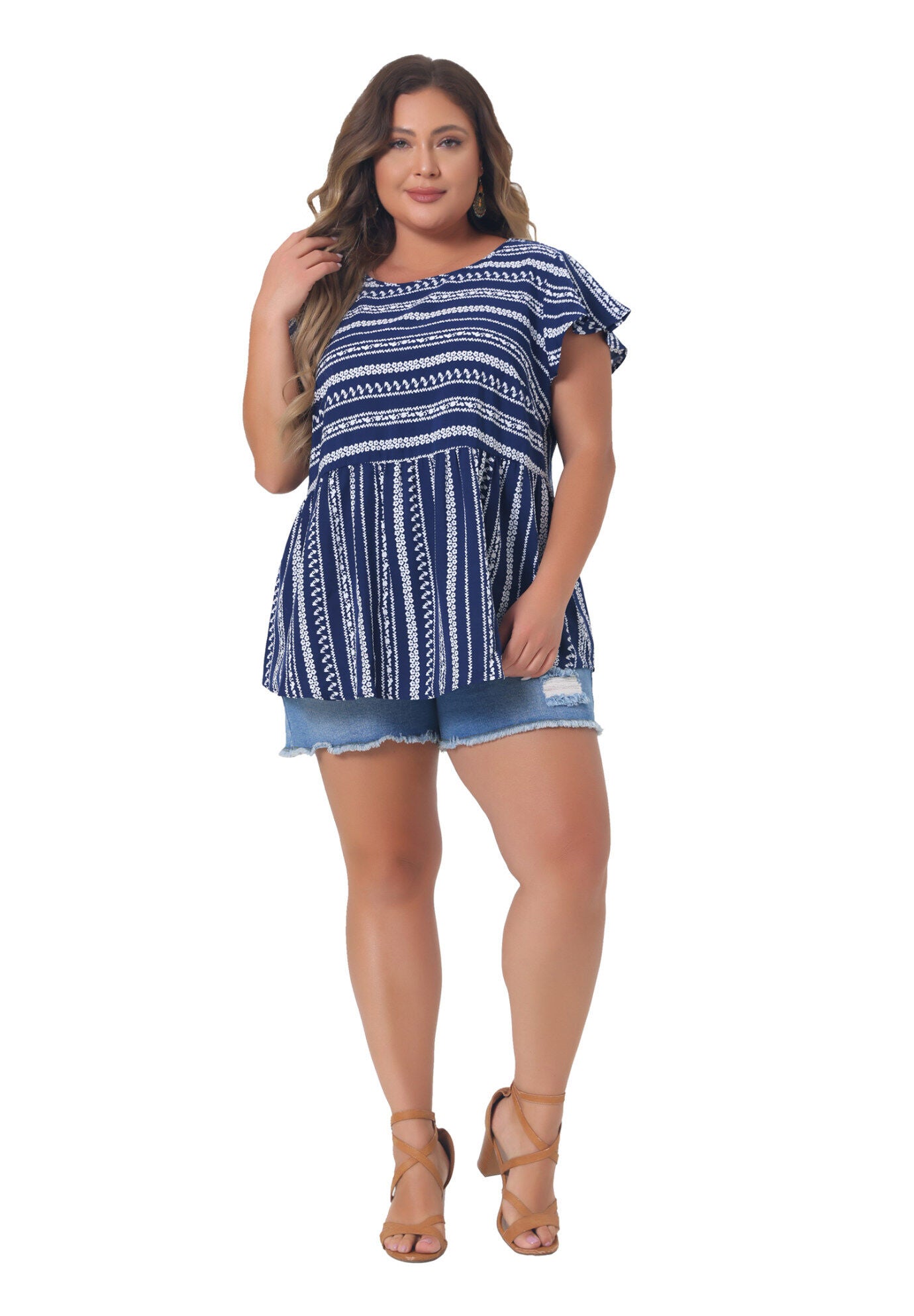 Boho Floral Printed Round Neck Ruffle Sleeve Blouse, Dark Blue / Navy, hi-res image number 0