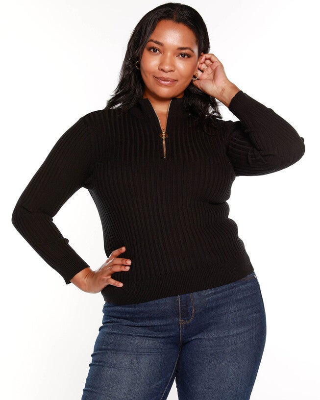 RIBBED MOCK NECK HALF-ZIP SWEATER, Black / Black, hi-res image number 0