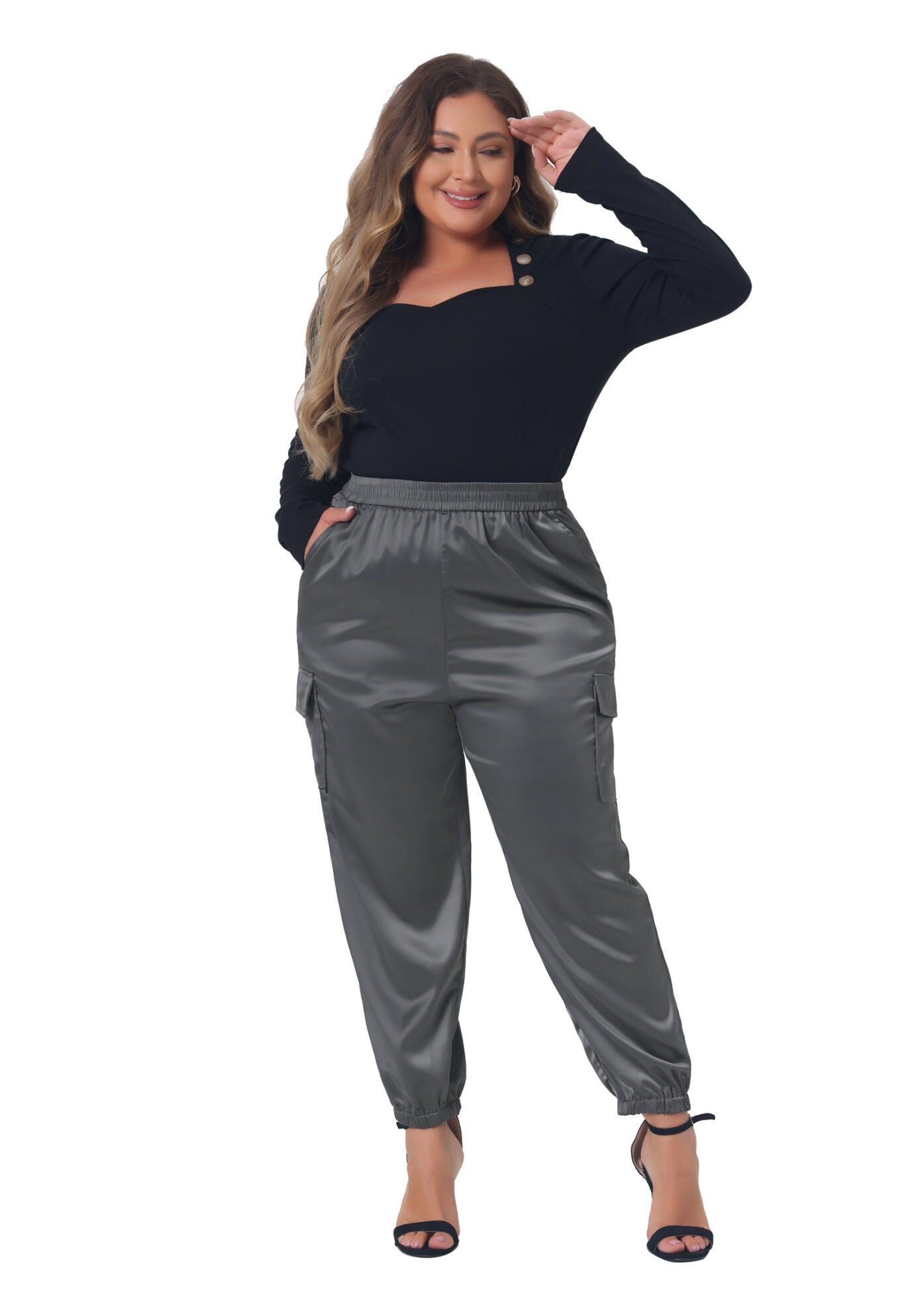 SATIN JOGGERS ELASTIC WAIST ATHLEISURE ANKLE LENGTH CARGO PANTS, Dark Gray / Charcoal Grey, hi-res image number 0