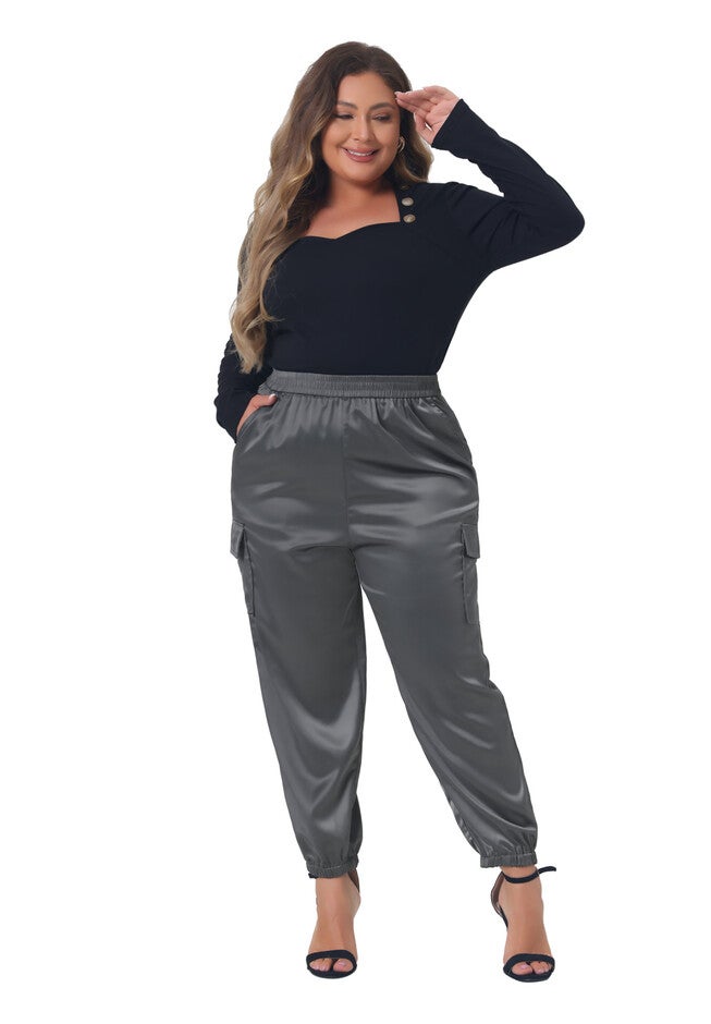 SATIN JOGGERS ELASTIC WAIST ATHLEISURE ANKLE LENGTH CARGO PANTS, Dark Gray / Charcoal Grey, hi-res image number 0