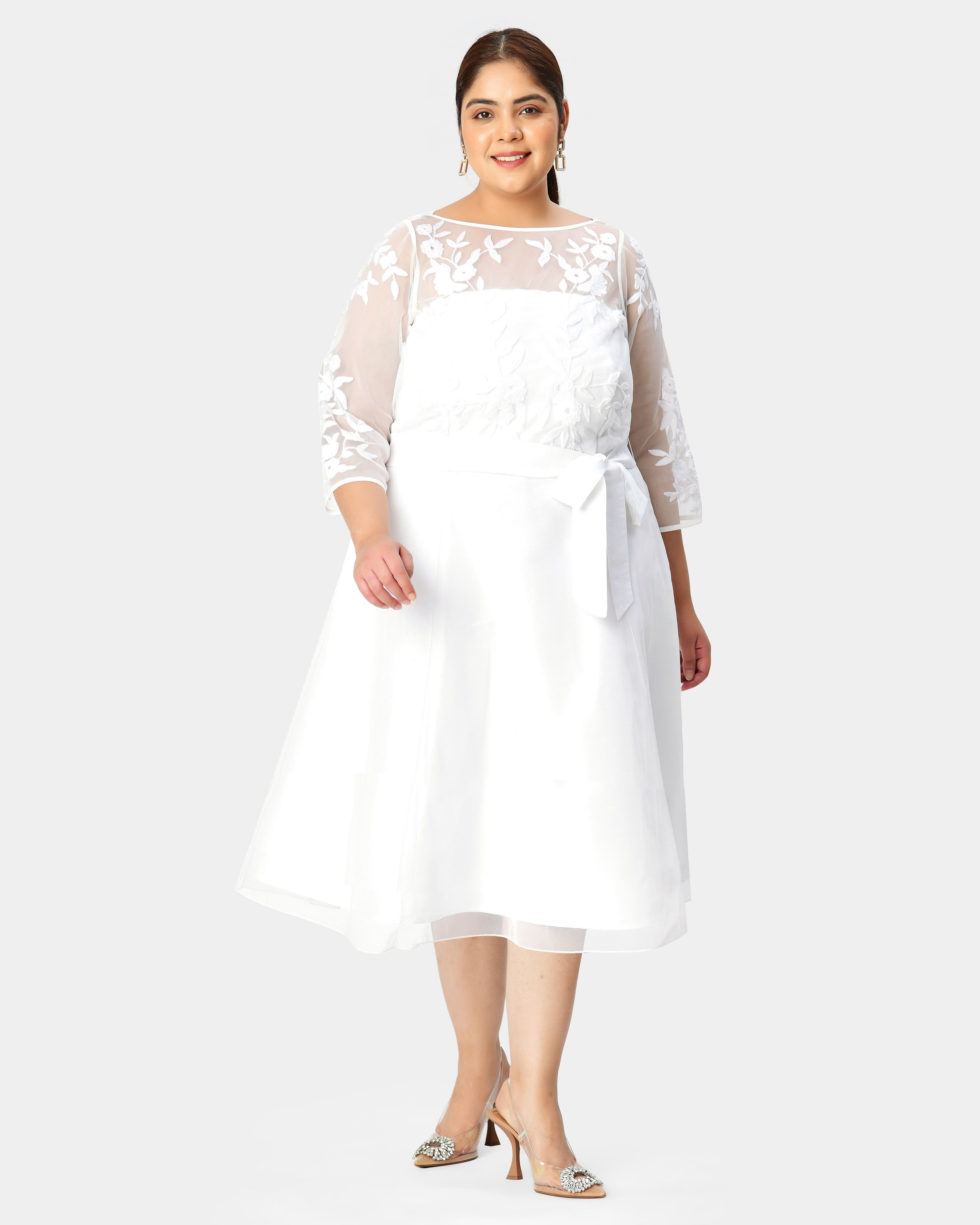 Floral embellished illusion boatneck tulle and dupioni dress, White / White, hi-res image number 0