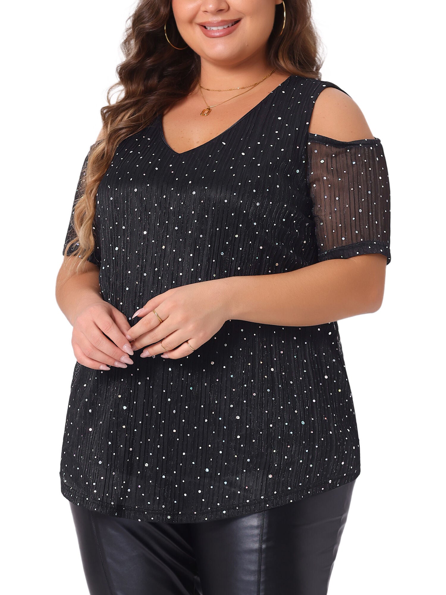 GLITTER SEQUIN COLD SHOULDER SHORT SLEEVE TOP, Black / Black, alternate image number 1