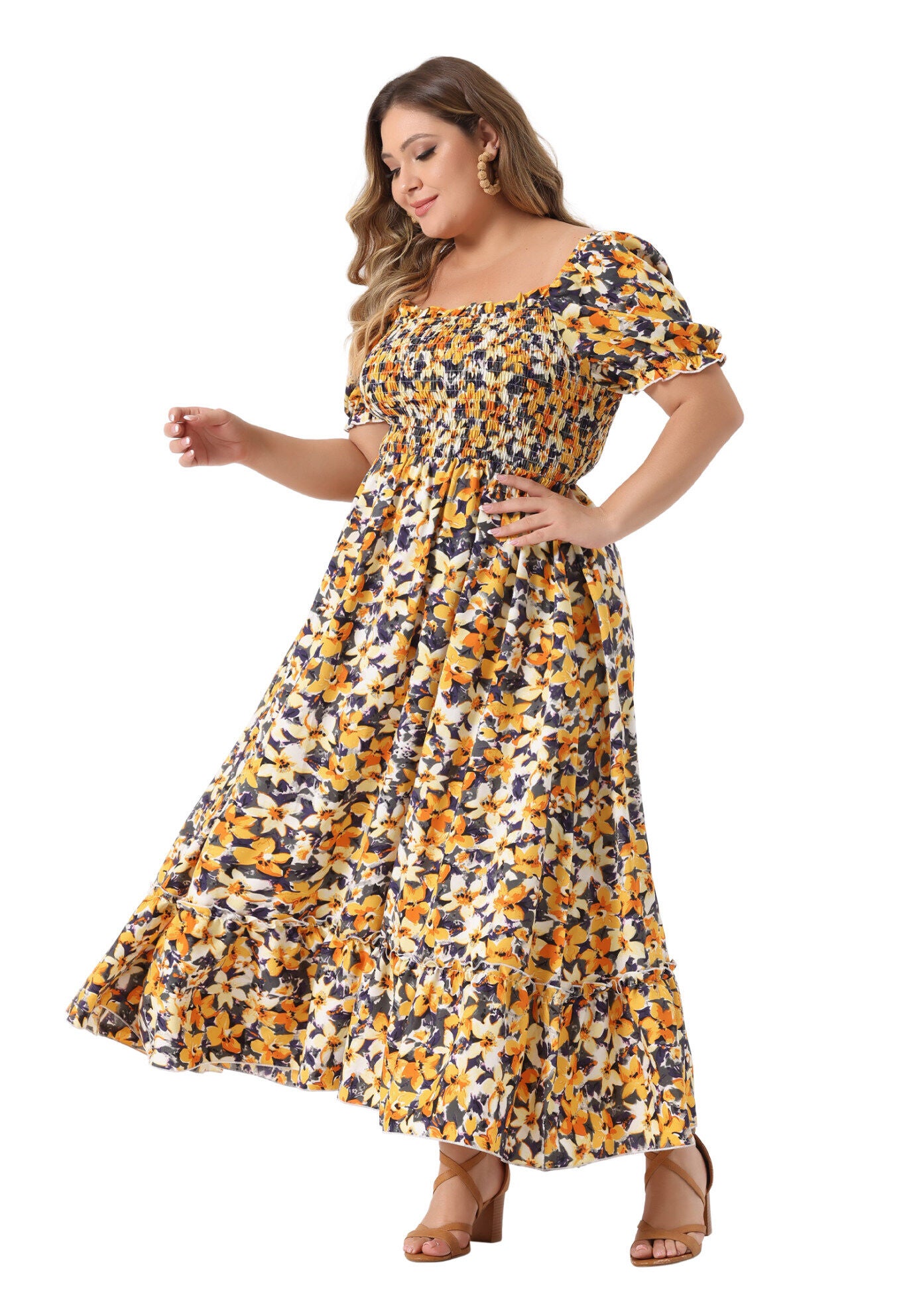 Short Sleeve Shirred Square Neck Floral Maxi Dress, Yellow / Yellow, alternate image number 1