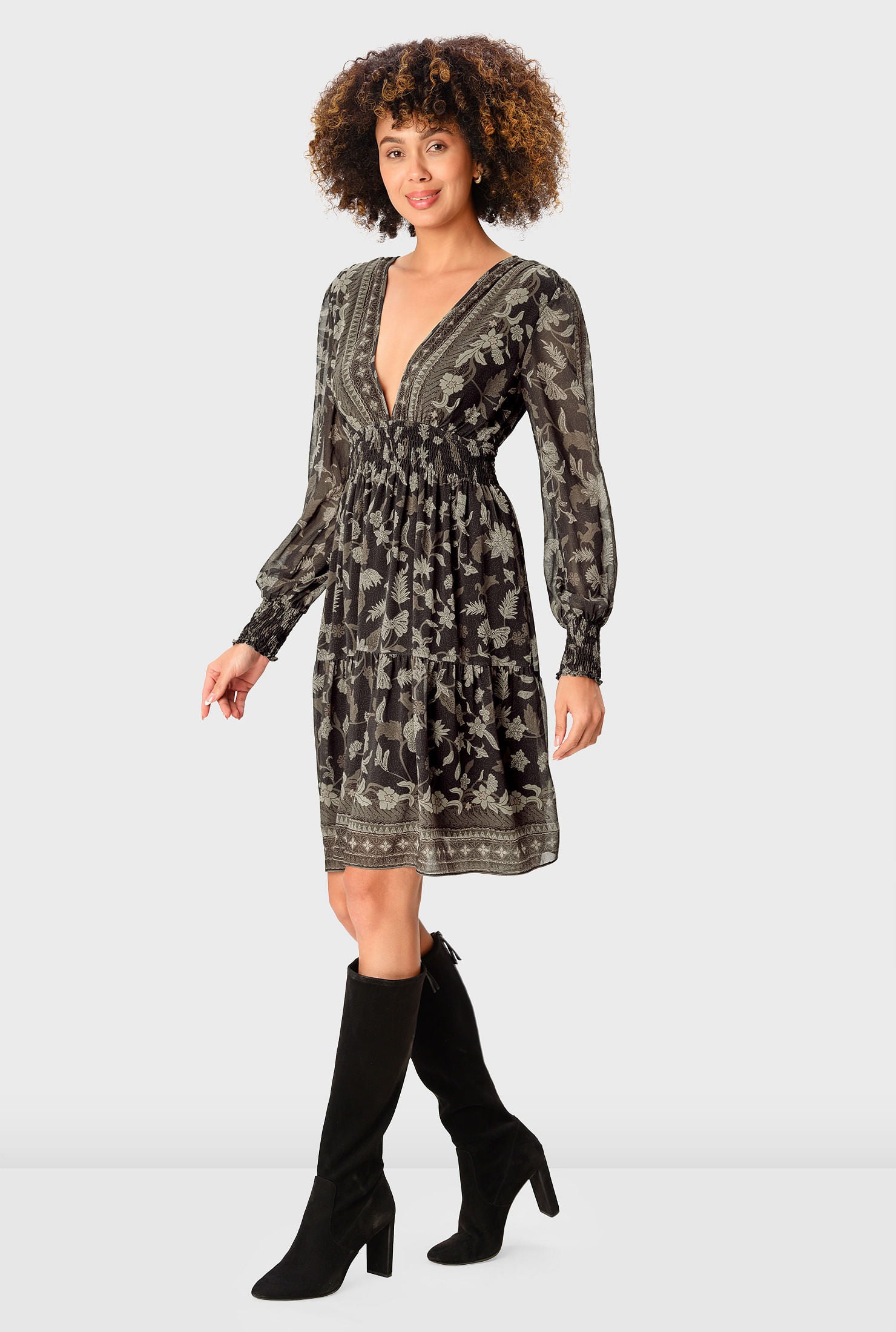 Floral Print Georgette Smocked Dress, , alternate image number 9