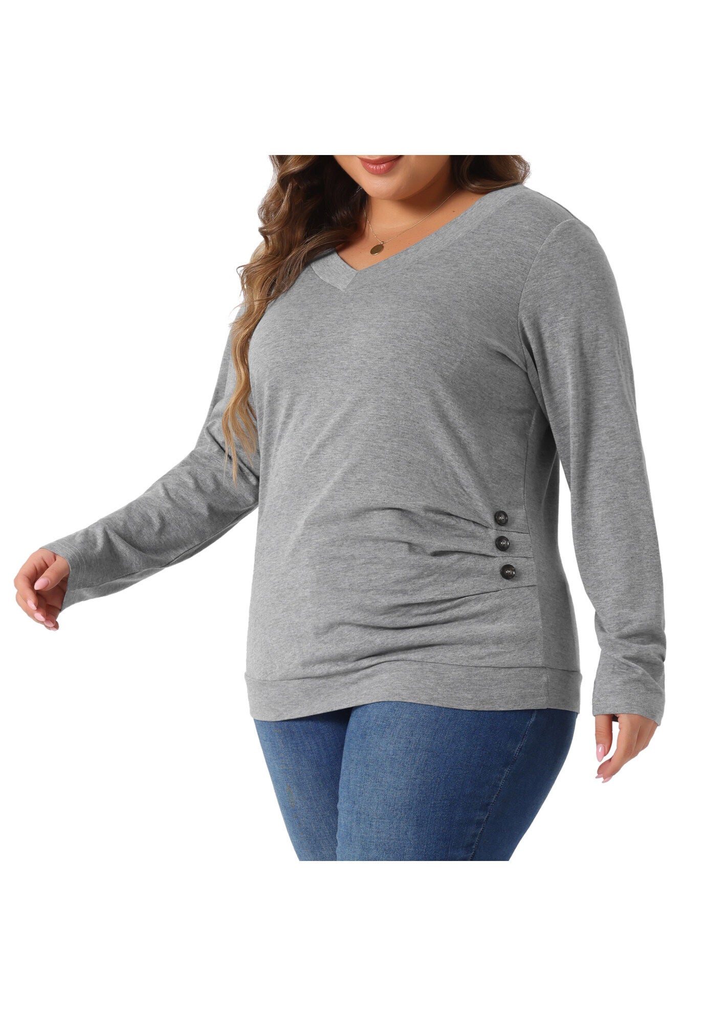 V Neck Long Sleeve Buttons Decor Ruched Casual Blouse Tunic Top, Grey / Light Grey, alternate image number 2