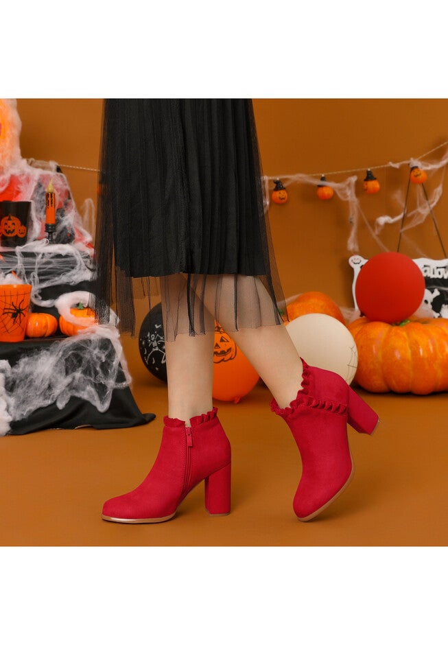RUFFLE BLOCK HEEL ANKLE BOOTS, Red / Red, alternate image number null
