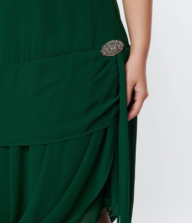 Unique Vintage 1920s Emerald Green Draped Flapper Dress, Emerald / Hunter Green, alternate image number 1