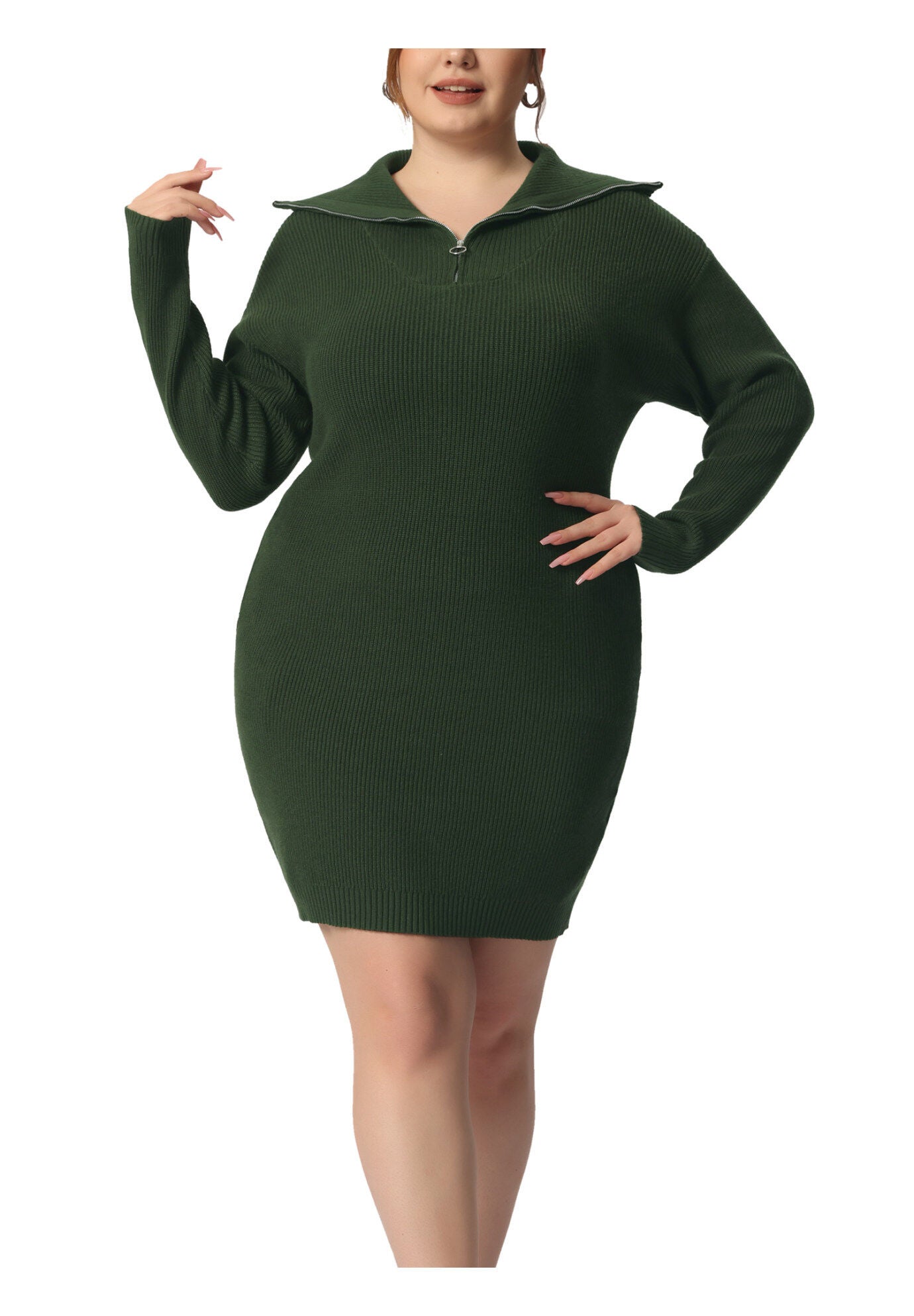 Knit Foldover Collar Loose Pullover Jumper Sweater, Army Green / Olive Green, alternate image number 1