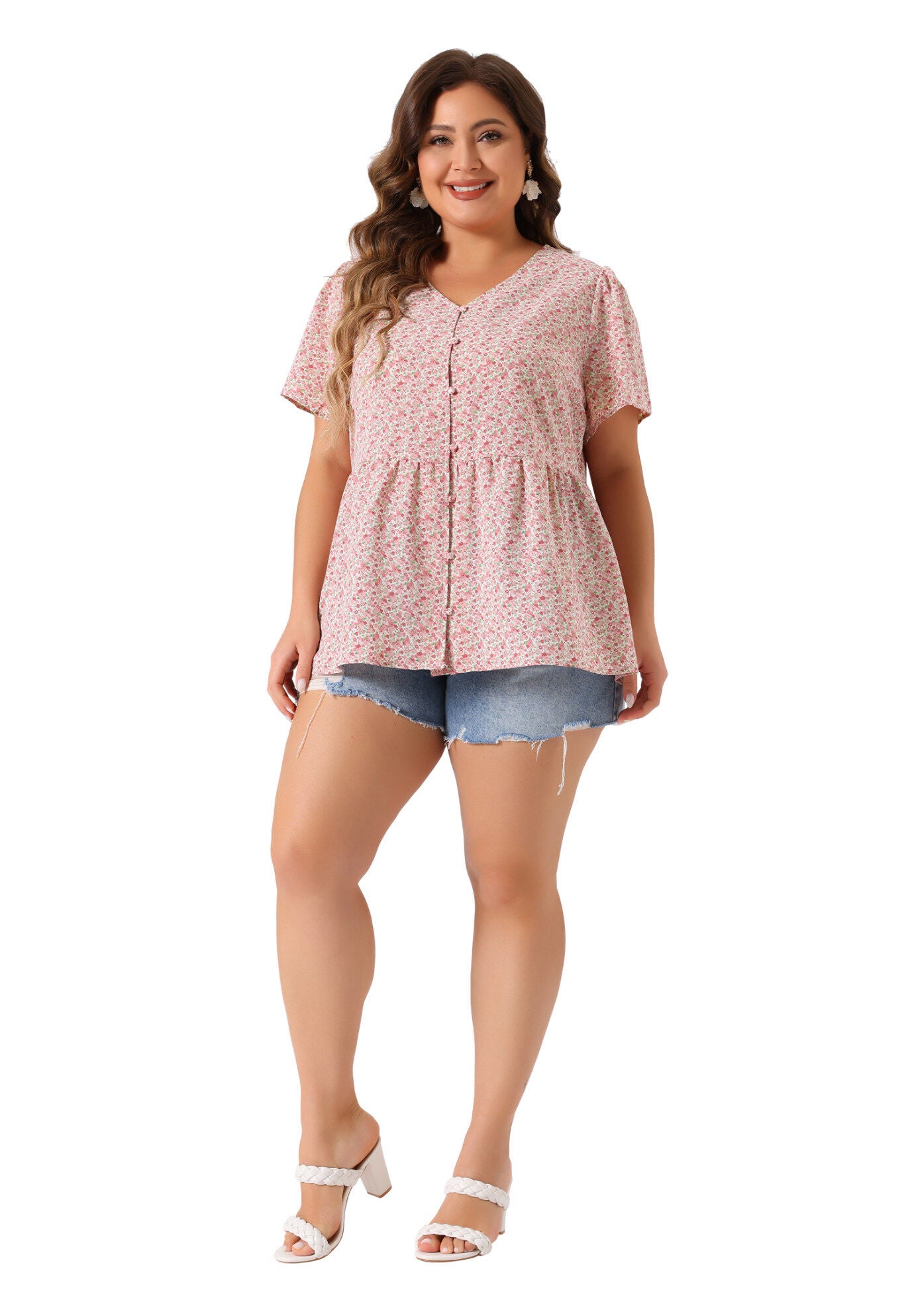 Chiffon Shirt V Neck Ruffle Short Sleeve Floral Peplum Top, Pink / Pink, hi-res image number 0
