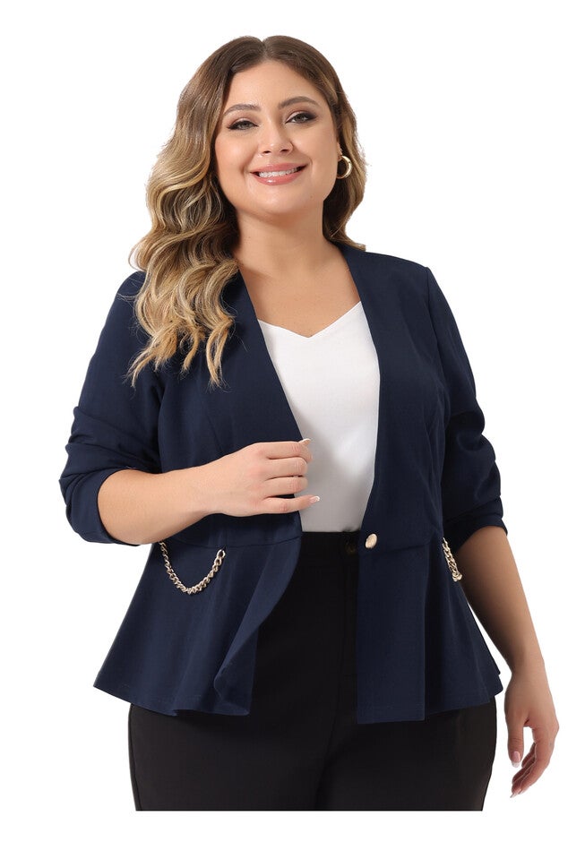 BUTTON CHAIN OFFICE PEPLUM BLAZER, Navy Blue / Navy, alternate image number null